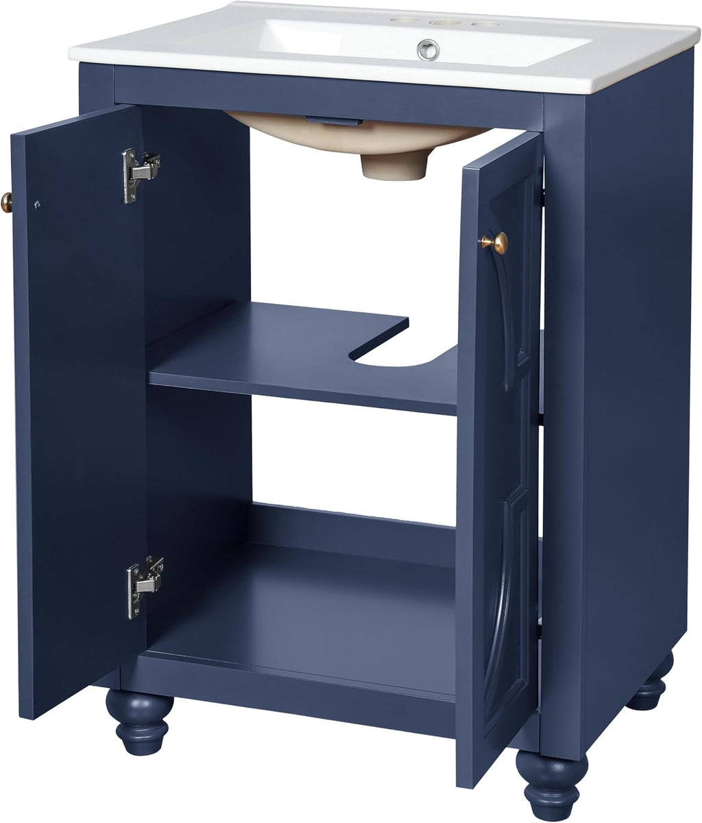 VilroCaz 24' Modern Bathroom Vanity with Ceramic Sink, Ornate Elliptical Motif Design & Soft-Close Hinges, Wood Bathroom Cabinet with Ball-Turned Legs, French Elegance (Blue-Ele)