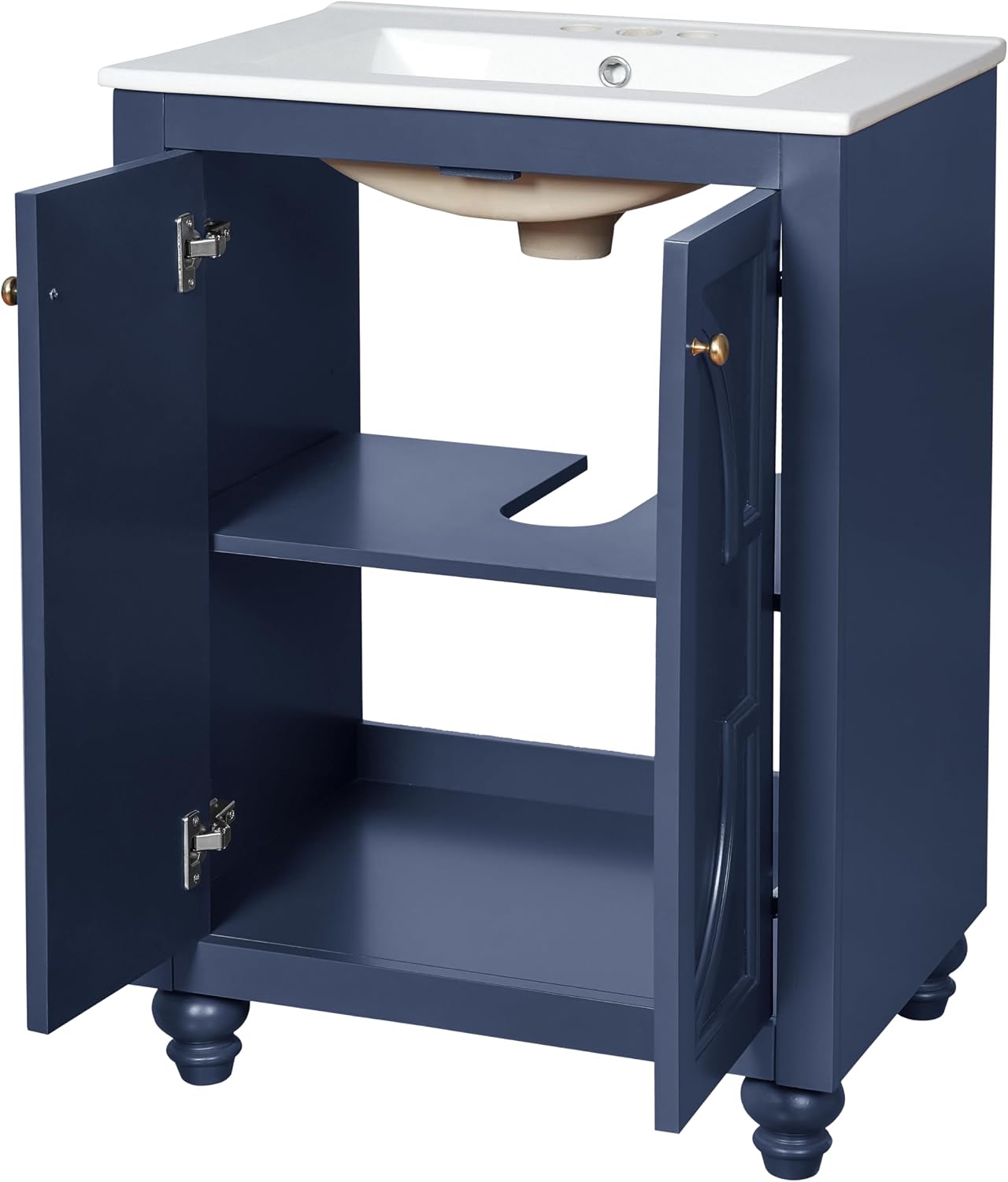 VilroCaz 24' Modern Bathroom Vanity with Ceramic Sink, Ornate Elliptical Motif Design & Soft-Close Hinges, Wood Bathroom Cabinet with Ball-Turned Legs, French Elegance (Blue-Ele)