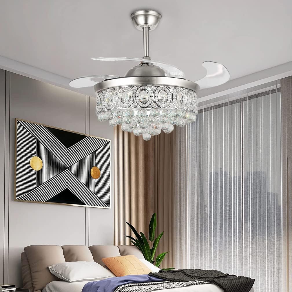 BIGBANBAN 42' Crystal Ceiling Fan Indoor with Light Remote Control Modern Silver Retractable Ceiling Fan Chandelier 3 Colors 3 Speeds Silent Fandelier Chandelier for Dinning Room Bedroom