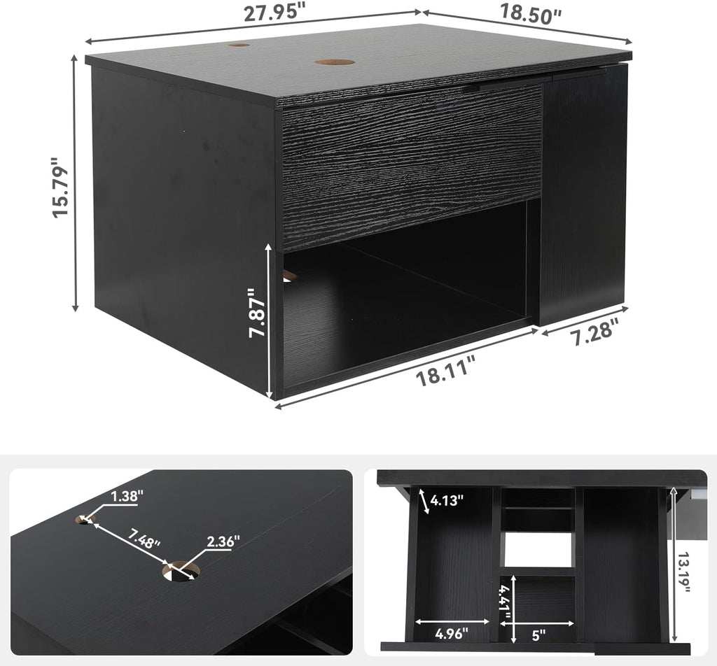 28 Inch Black Floating Bathroom Vanity with 1-Door and 1-Drawer, Modern Wall Mounted Cabinet with Blue Boat Vessel Sink Top
