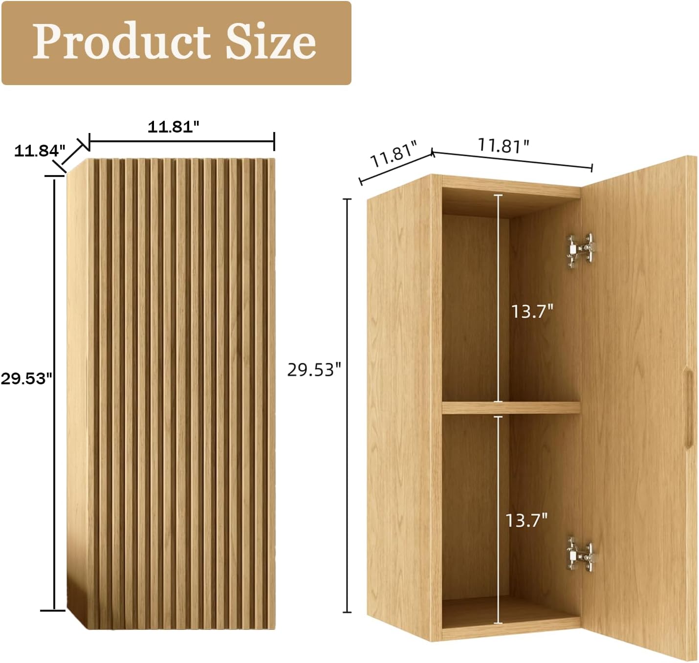 Eleshine Wall Mounted Bathroom Storage Cabinet with a Door and Adjustable Shelf, 12 inch Wood Fluted Textures Small Narrow Cabinet, Light Oak