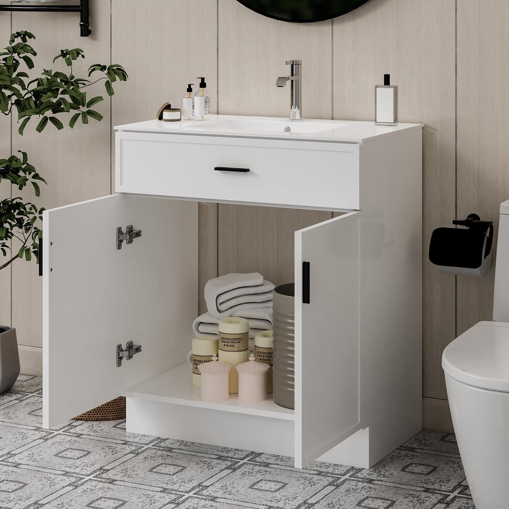30 Inch White Bathroom Vanity with Ceramic Sink, Modern Freestanding Bathroom Cabinet with Soft-Close Doors & Storage, Moisture-Resistant Paint Surface, Single Sink Vanity for Small Bathroom