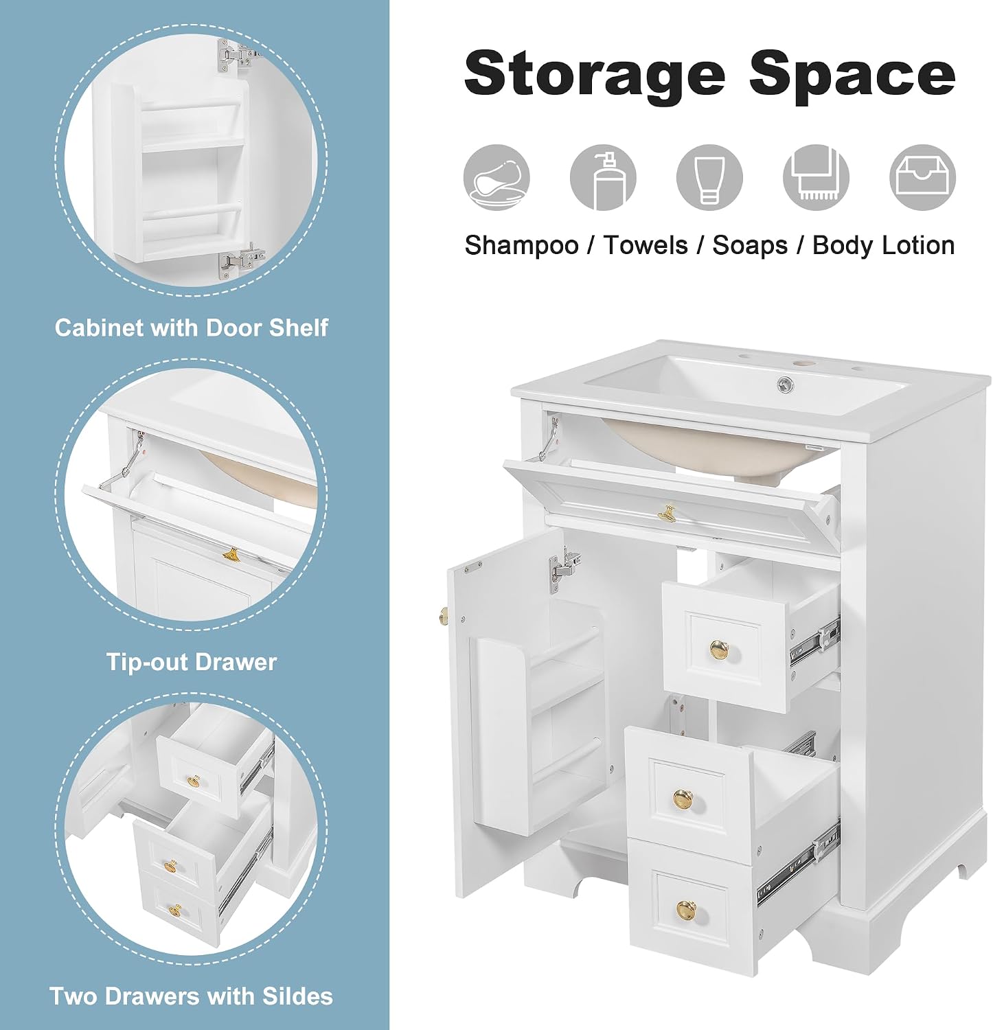 Bathroom Vanity with Sink 24 Inch, Tip-Out Drawer and Door Rack, Adjustable Shelf, Soft-Closing Drawers and Door, White
