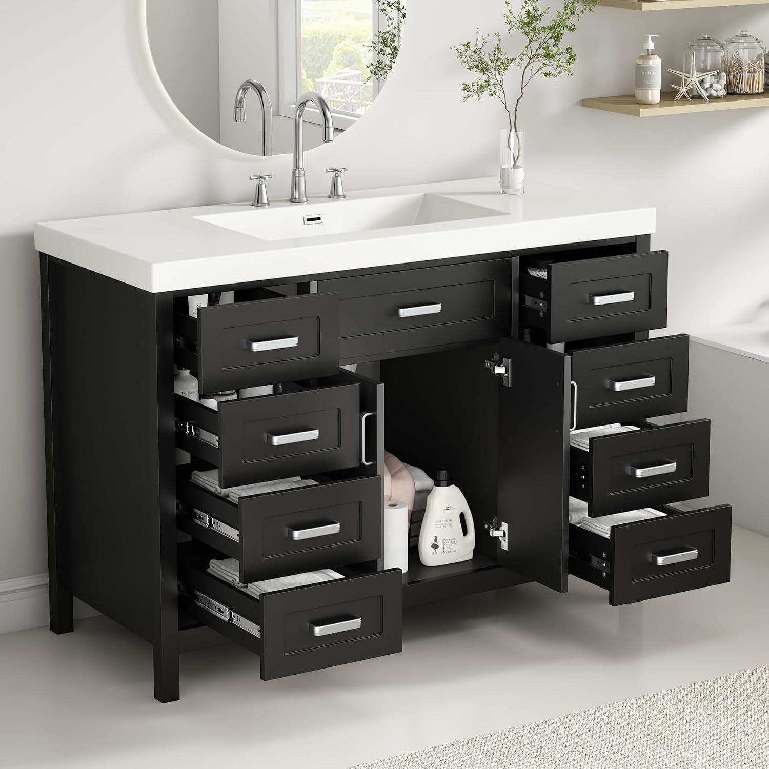 Harper & Bright Designs 48' Bathroom Vanity Set with Sink, Free Standing Single Basin Vanity Set with 2 Soft-Close Doors and 8 Drawers, Wood Storage Cabinet with Resin Basin for Bathroom, Black