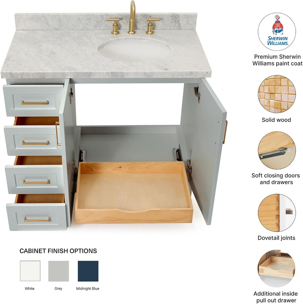 DKB Emilia 42-Inch Gray Bathroom Vanity with Sink, 1.5' Edge Italian Carrara Marble Countertop & 4' Backsplash, Right Oval Sink, 2 Soft-Closing Doors, 5 Dovetail Drawers, Solid Wood Base, Toe Kick
