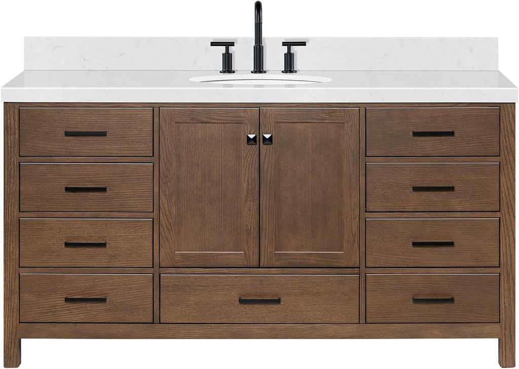ARIEL Cambridge 66-inch Bathroom Vanity with Sink,Solid Wood, 1.5-inch Carrara White Quartz Countertop & Backsplash, Single Oval Porcelain Sink, 2 Soft Closing Doors, 9 Dovetail Drawers, Brown Oak