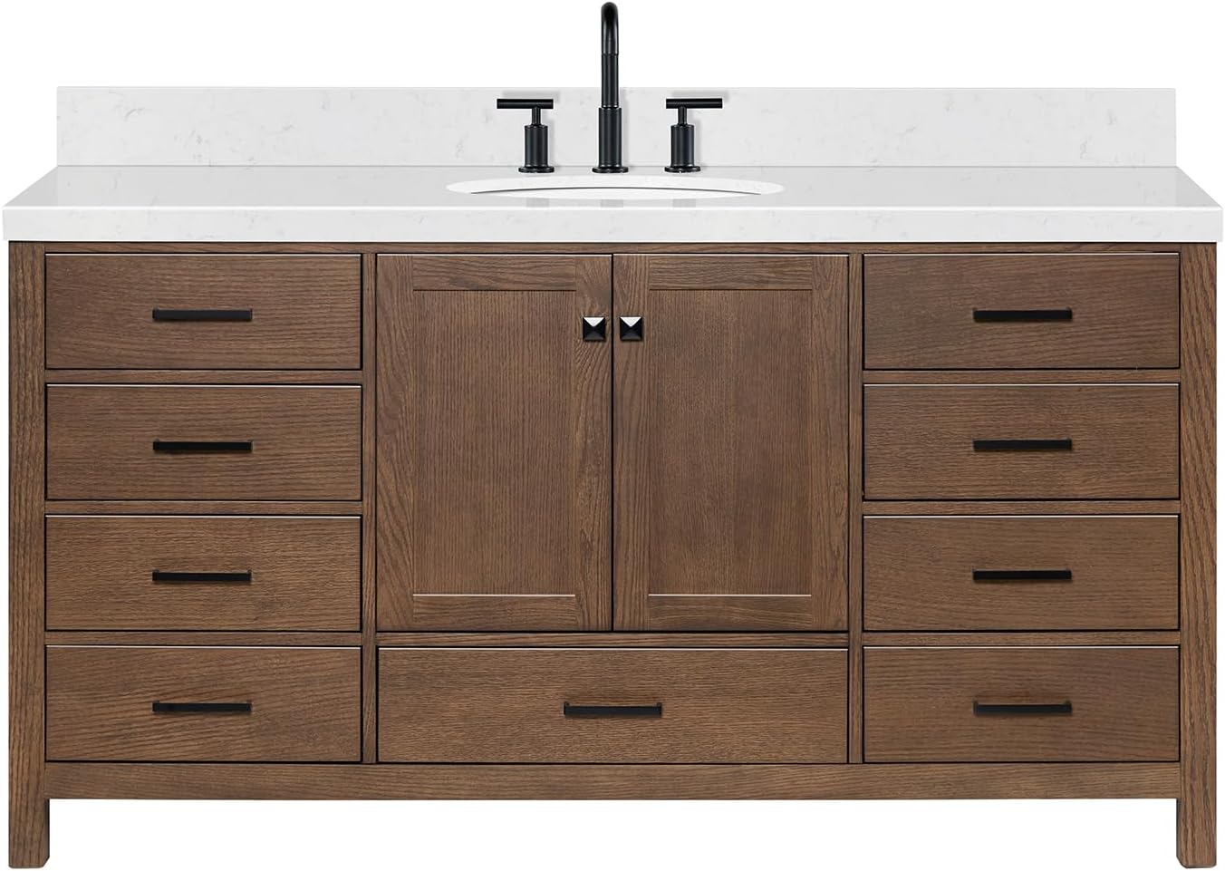 ARIEL Cambridge 66-inch Bathroom Vanity with Sink,Solid Wood, 1.5-inch Carrara White Quartz Countertop & Backsplash, Single Oval Porcelain Sink, 2 Soft Closing Doors, 9 Dovetail Drawers, Brown Oak