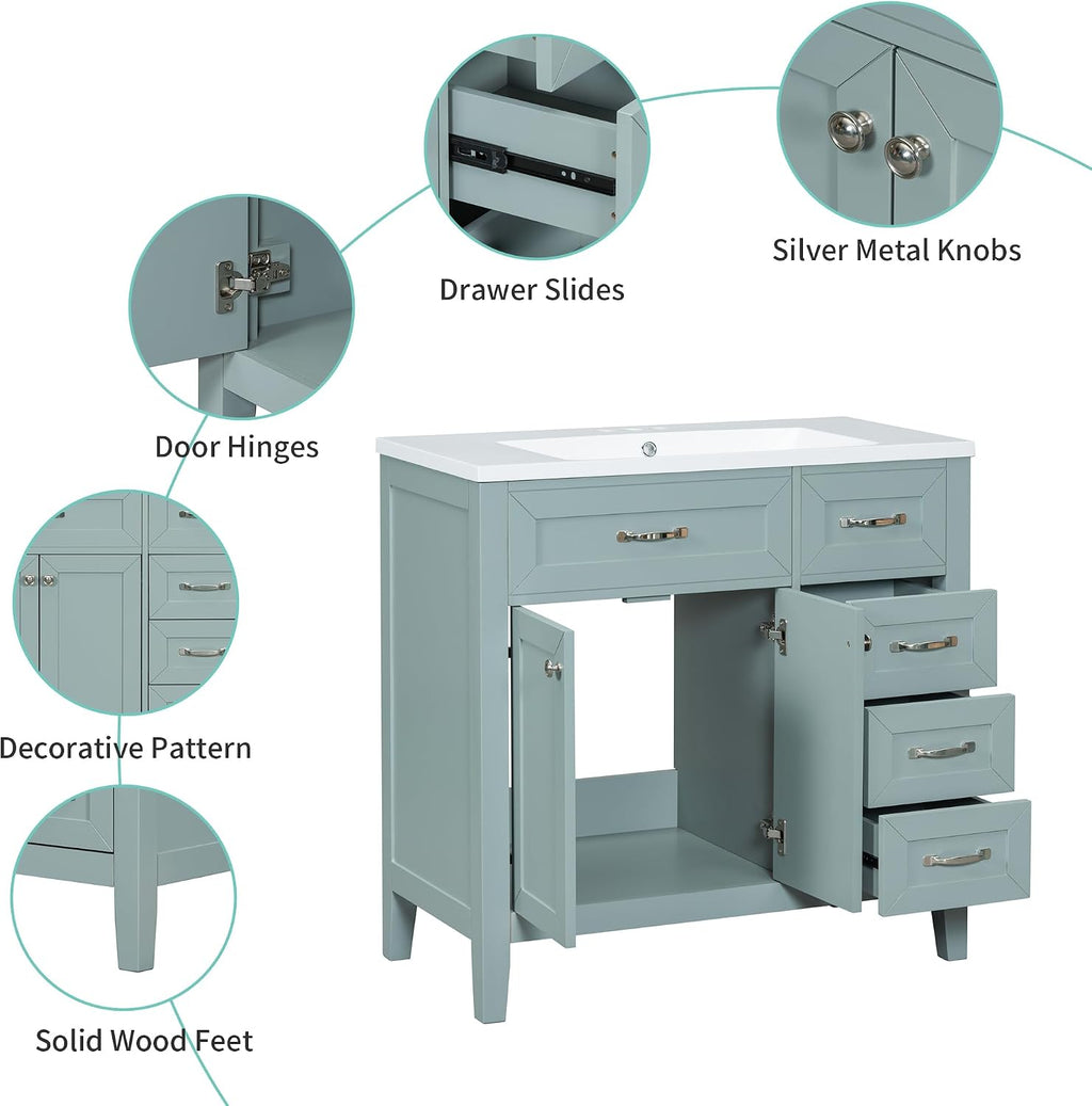 36' Bathroom Vanity with Sink Combo, Bathroom Cabinet with Drawers, Solid Frame and MDF Board,Green