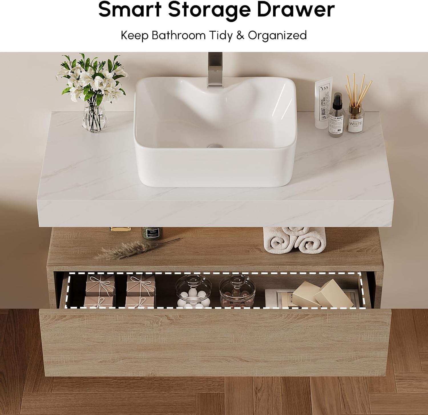 homary 35' Floating Bathroom Vanity with Sink, Wall Mounted Bathroom Vanity with Sintered Stone Countertop, Ceramic Vessel Sink, 1 Drawer Storage, Modern Bathroom Cabinet for Small Bathroom, Natural
