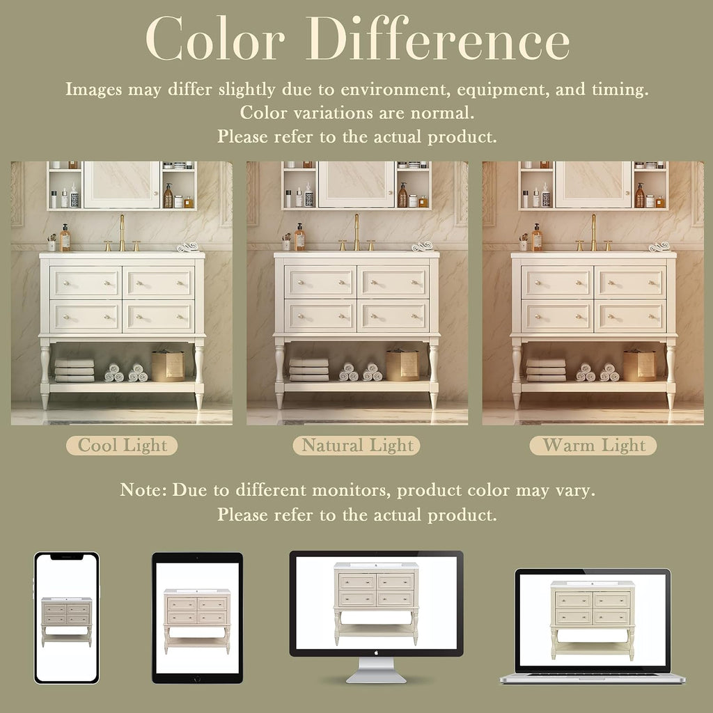Merax Country 36' Bathroom Vanity with Sink, Farmhouse Bathroom Vanity Storage Cabinet with 4 Drawers and Open Shelf, Solid Wood Frame Bath Storage Vanity