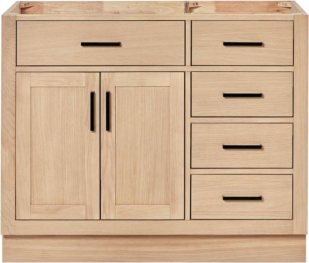 ARIEL Hepburn 42-inch Bathroom Vanity Base Cabinet,Solid Wood, 2 Soft Closing Doors, 5 Dovetail Drawers, White Oak