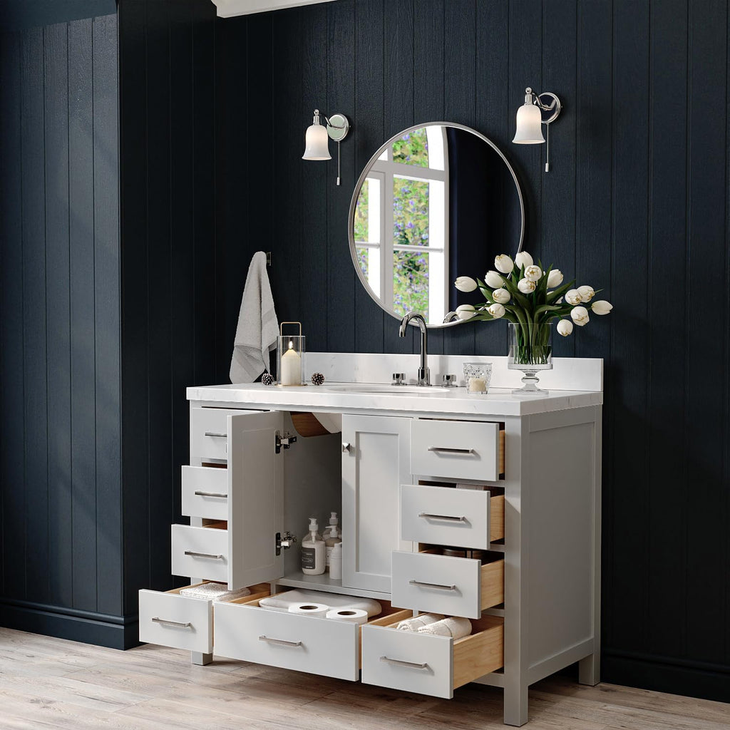 ARIEL Cambridge 48-inch Bathroom Vanity with Sink,Solid Wood, 1.5-inch Carrara White Quartz Countertop & Backsplash, Single Oval Porcelain Sink, 2 Soft Closing Doors, 9 Dovetail Drawers, Grey
