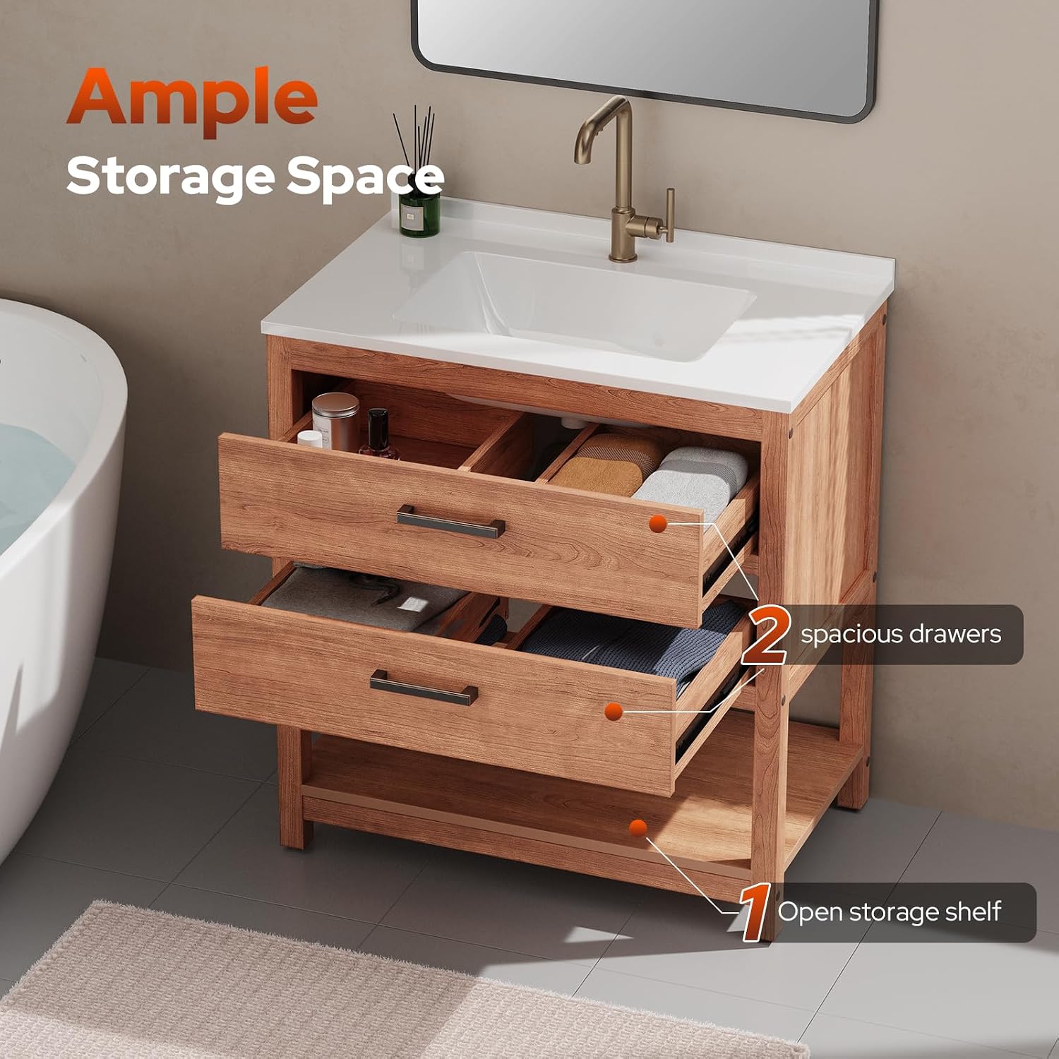 30 Inch Poly Lumber Bathroom Vanity with Sink Combo, Waterproof Freestanding Cabinet, SMC Resin Countertop with 2 Drawers & Open Storage Shelf, Adjustable Feet, Zinc-Alloy Handles, Teak Color