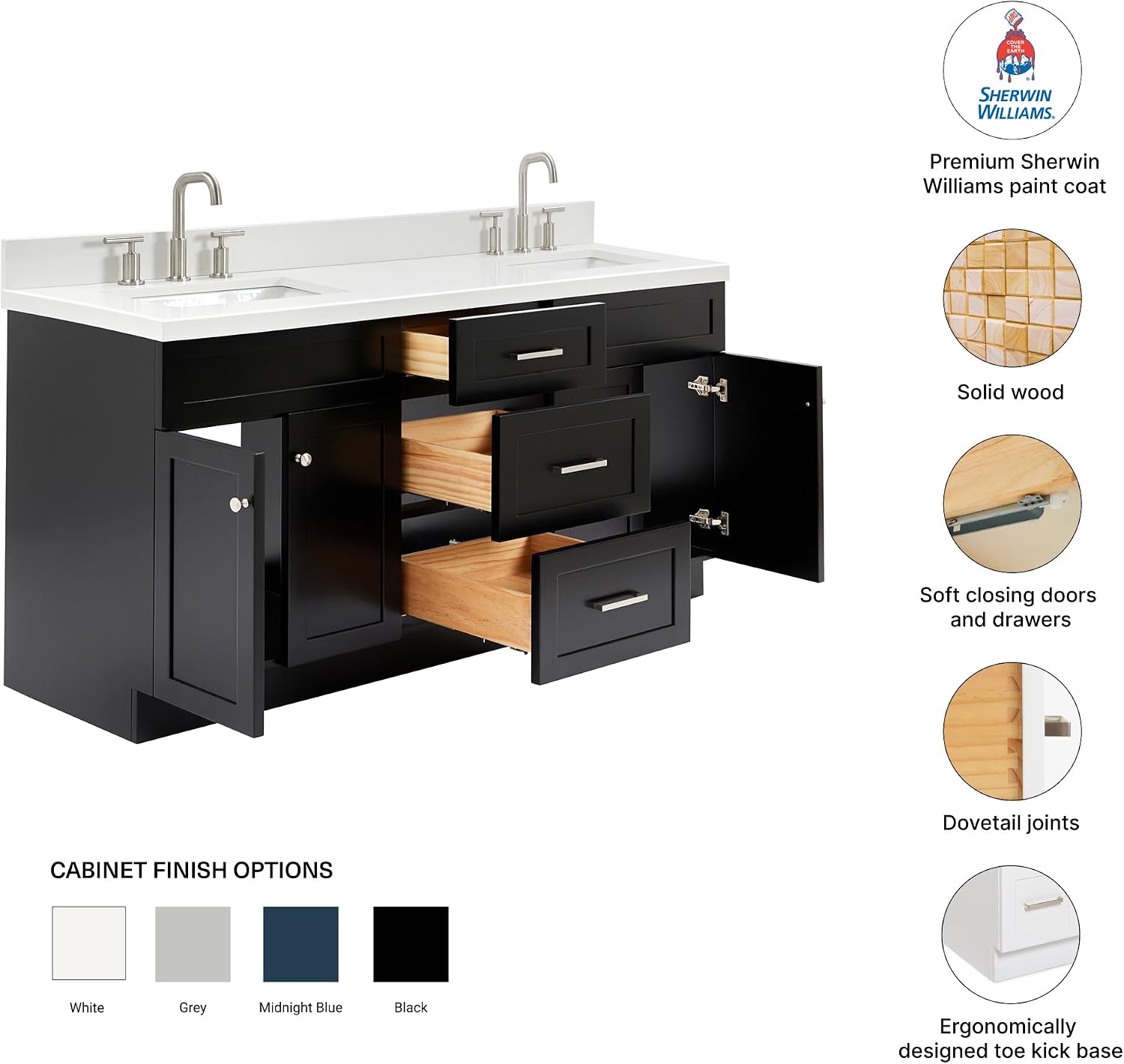 DKB Bradford 72 Inch Bathroom Vanity Double Sink — Black Bathroom Vanity with Sink, 1.5' Edge Pure White Quartz Countertop & Backsplash, 4 Soft-Close Doors, and 3 Dovetail Drawers