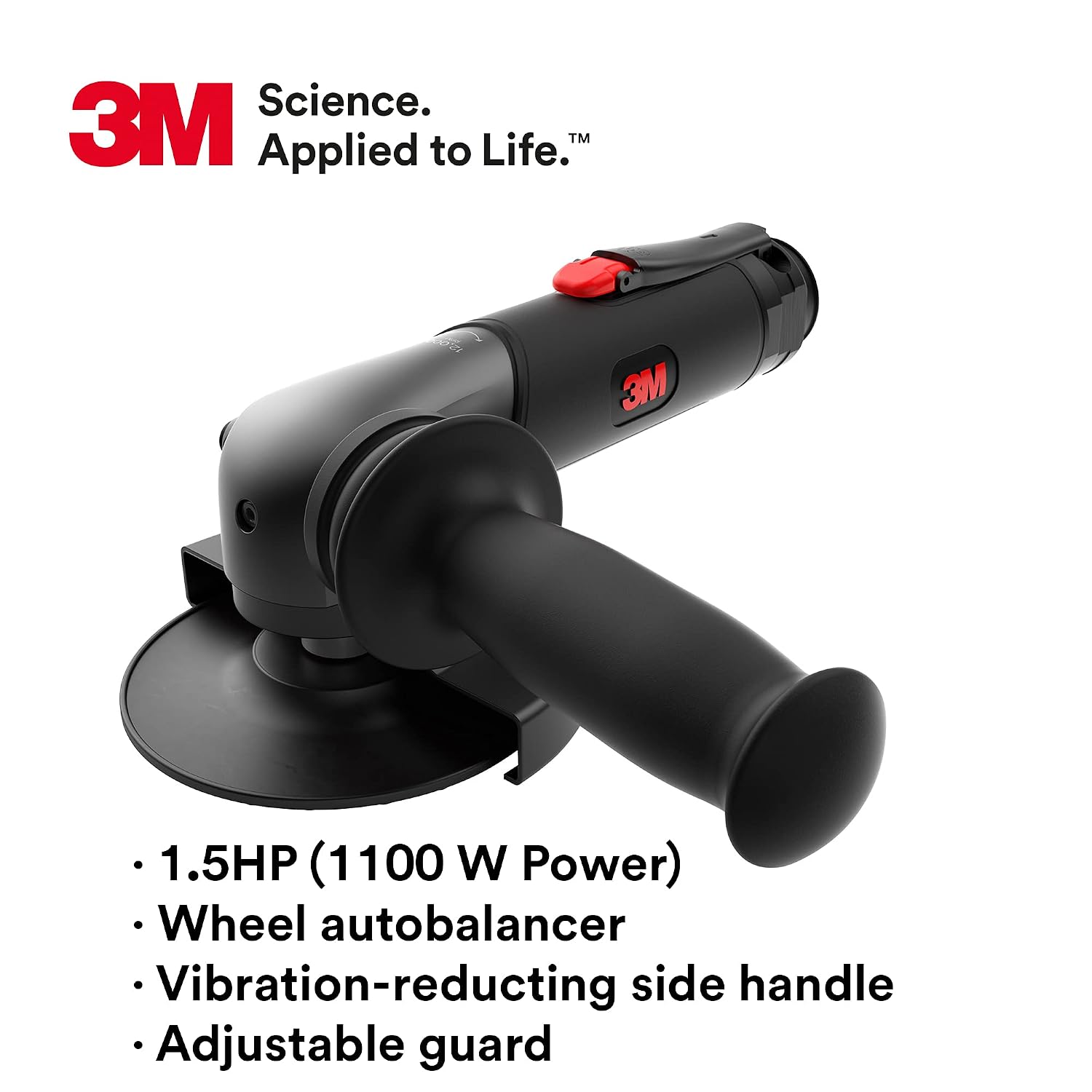 3M Pneumatic Grinder, 88566, 1.5 HP, 4-1/2' - 5' Discs, 12K RPM, Adjustable Guard, Ergonomic Design, Vibration-Reducing Side Handle, Spindle Lock, Wheel Autobalancer, Rear Mounted Exhaust