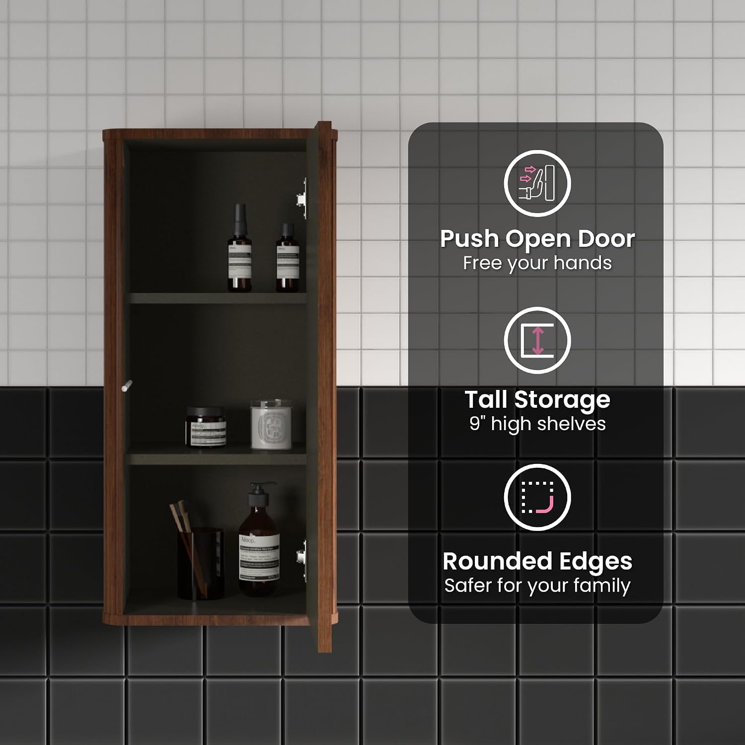 Floating Bathroom Side Cabinet, Wall Mounted Modern Storage Cabinet for Small Space, Apartment, Hotel, Walnut - Camellia Collection