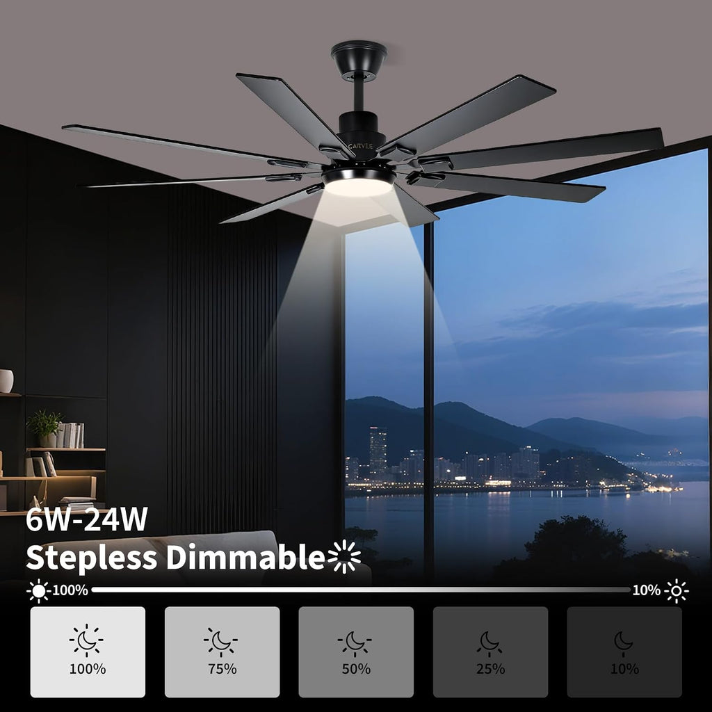 Modern Living Room Ceiling Fans with Lights, 72 Inch Ceiling Fan with Light and Remote,8 Blades 6 Speed Reversible Quiet DC Motor for Bedroom Living Room Library Cafe Outdoor/Industrial
