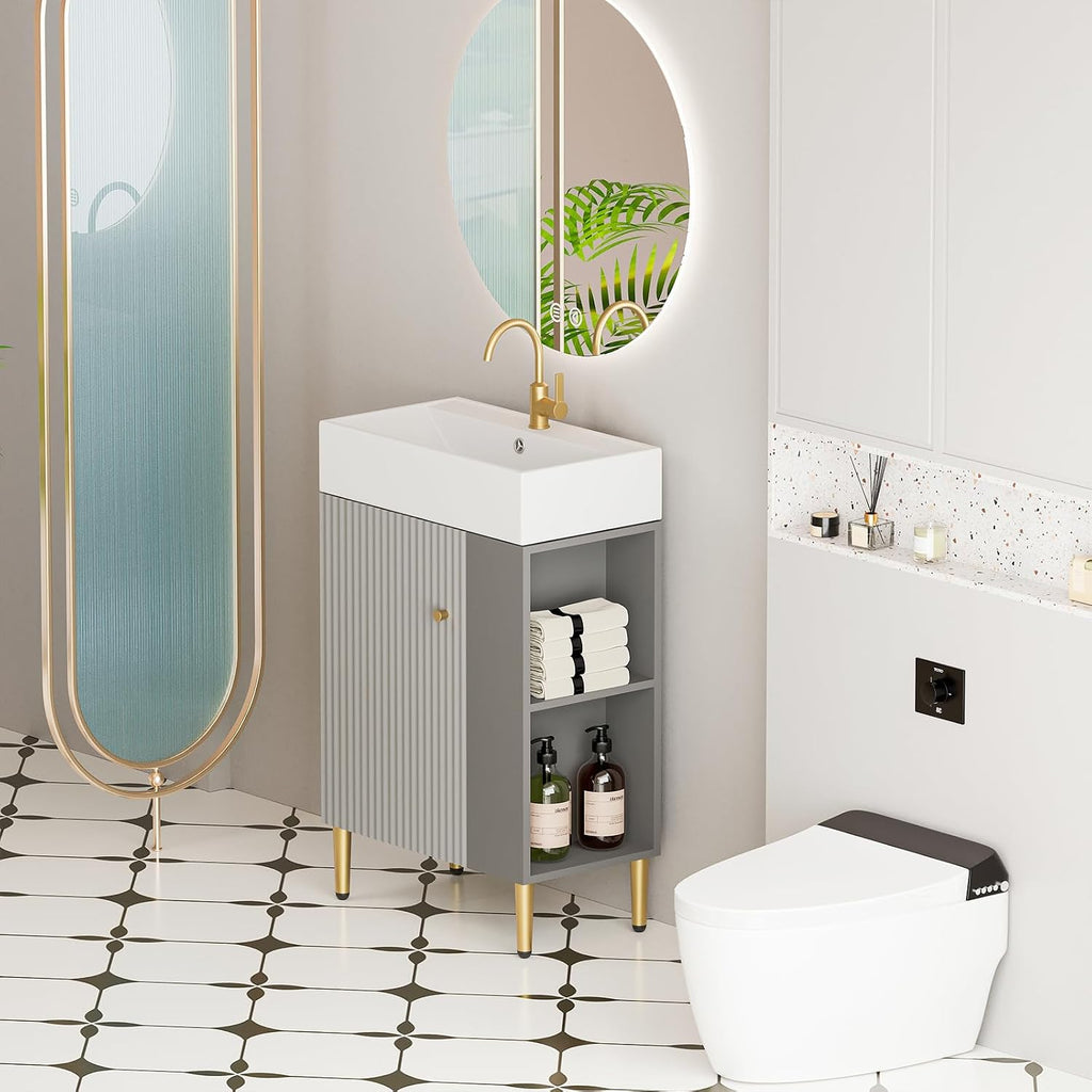 21.6 Inch Bathroom Vanity with Sink, Vanities with Square Ceramic Sink Top and Right Side Storage, Combo Stand Storage Cabinet Set for Small Bathroom (Matte Grey)