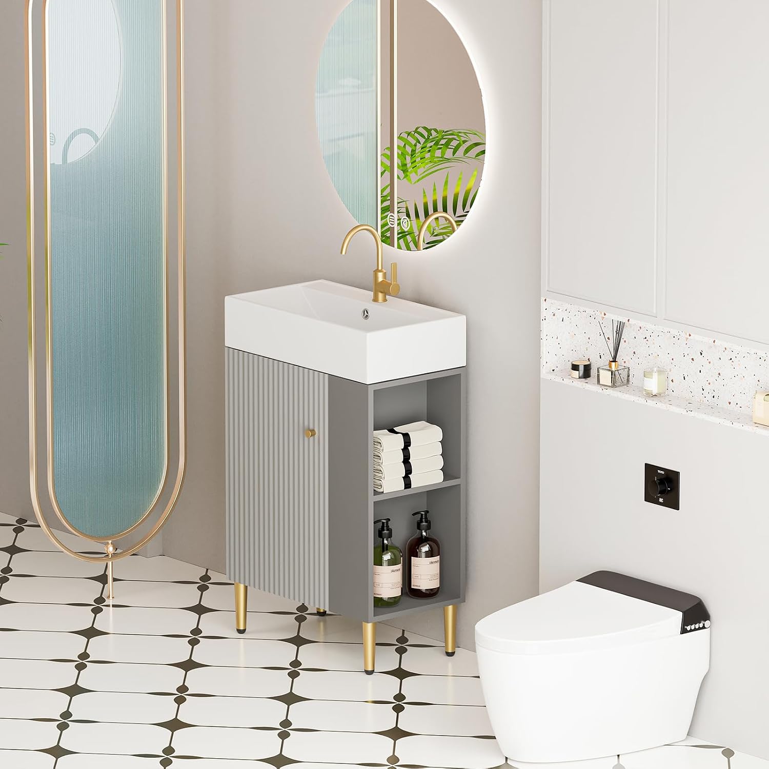 21.6 Inch Bathroom Vanity with Sink, Vanities with Square Ceramic Sink Top and Right Side Storage, Combo Stand Storage Cabinet Set for Small Bathroom (Matte Grey)