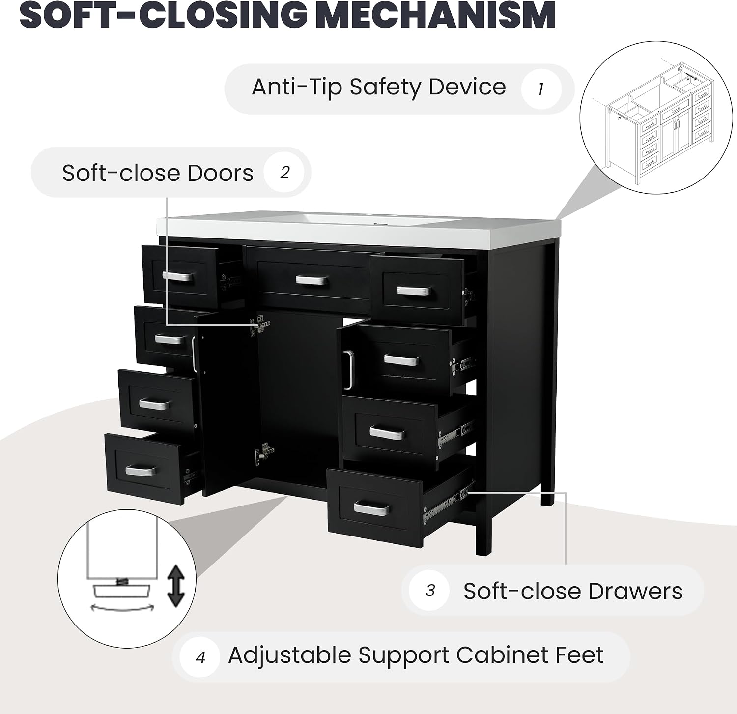 Harper & Bright Designs 48' Bathroom Vanity Set with Sink, Free Standing Single Basin Vanity Set with 2 Soft-Close Doors and 8 Drawers, Wood Storage Cabinet with Resin Basin for Bathroom, Black