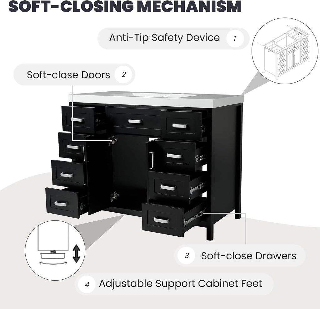 47' Bathroom Vanity Without Sink, Cabinet Only, 2 Doors and 8 Drawers, Soft Close System, Classic Design, Black
