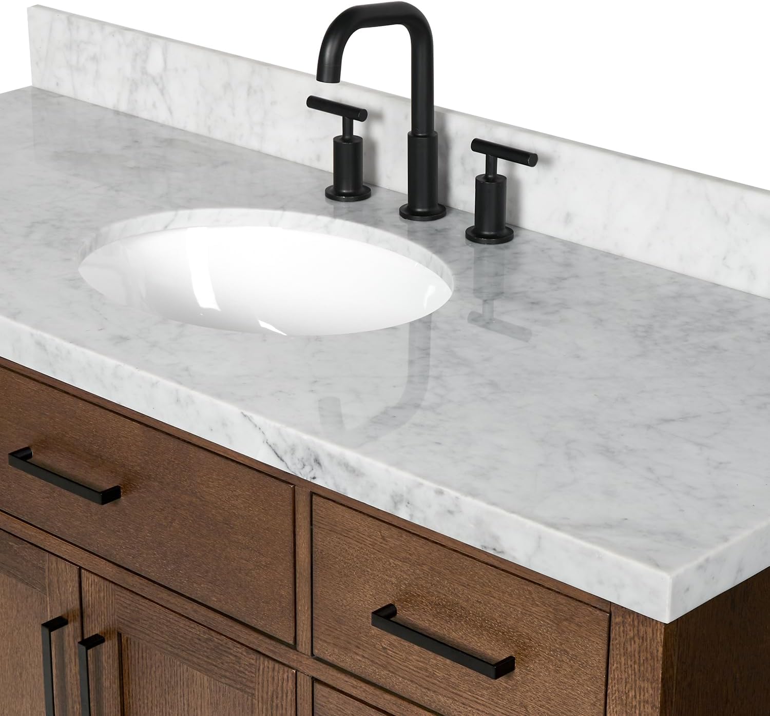 ARIEL Hepburn 54-inch Bathroom Vanity with Sink,Solid Wood, 1.5-inch Italian Carrara Marble Countertop & Backsplash, Single Oval Porcelain Sink, 2 Soft Closing Doors, 9 Dovetail Drawers, Brown Oak