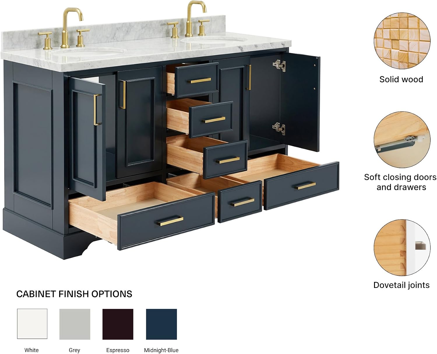 ARIEL Stafford 60-inch Bathroom Vanity with Sink,Solid Wood, 1.5-inch Italian Carrara Marble Countertop, Double Oval Porcelain Sink, 4 Soft Closing Doors, 6 Dovetail Drawers, Midnight Blue