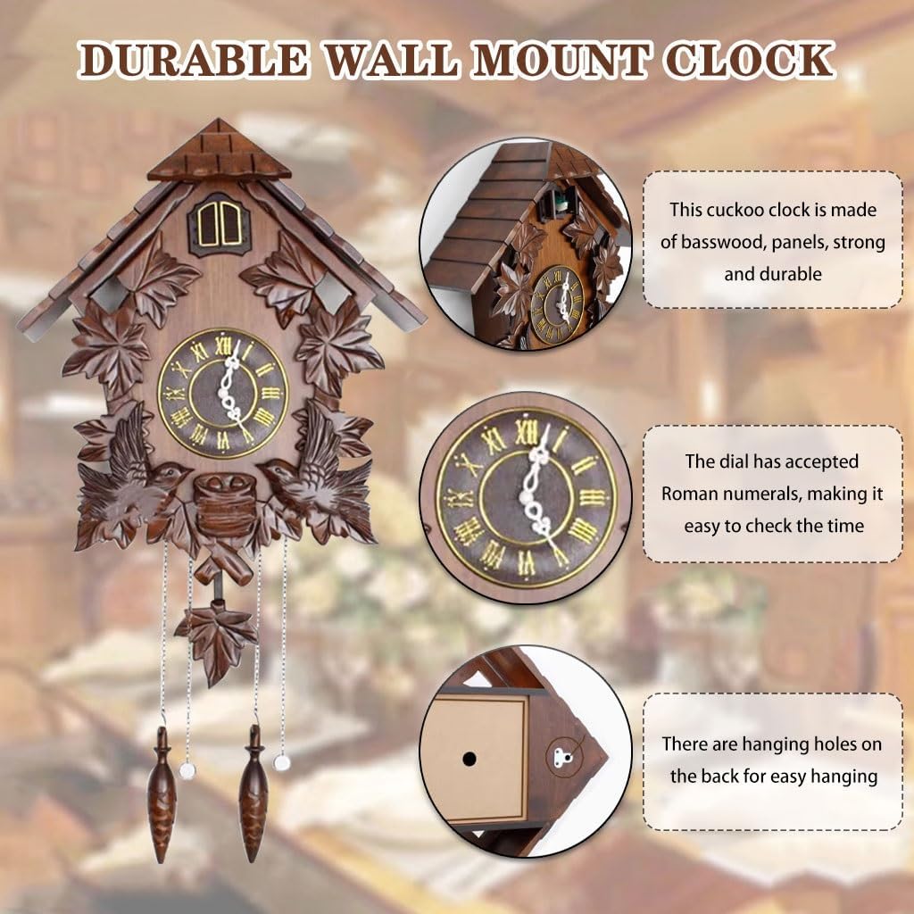 Cuckoo Clocks Solid Wood Hand Carved Cuckoo Clock, Light Control Sensor Wall Clock, Quartz Movement European Clock, for Living Room, Bedroom