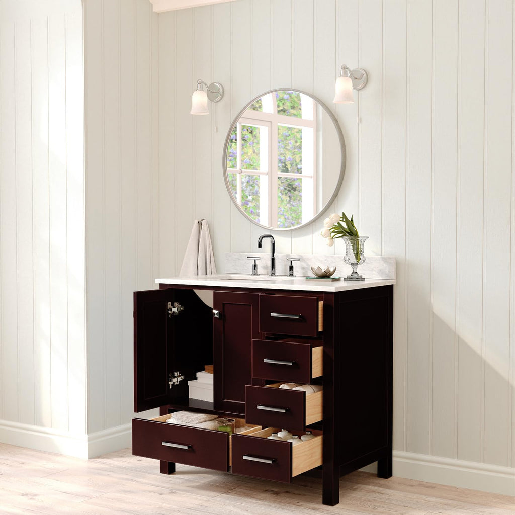 ARIEL Cambridge 36-inch Bathroom Vanity with Sink,Solid Wood, 0.75-inch Italian Carrara Marble Countertop, Single Rectangular Porcelain Sink, 2 Soft Closing Doors, 5 Dovetail Drawers, Espresso