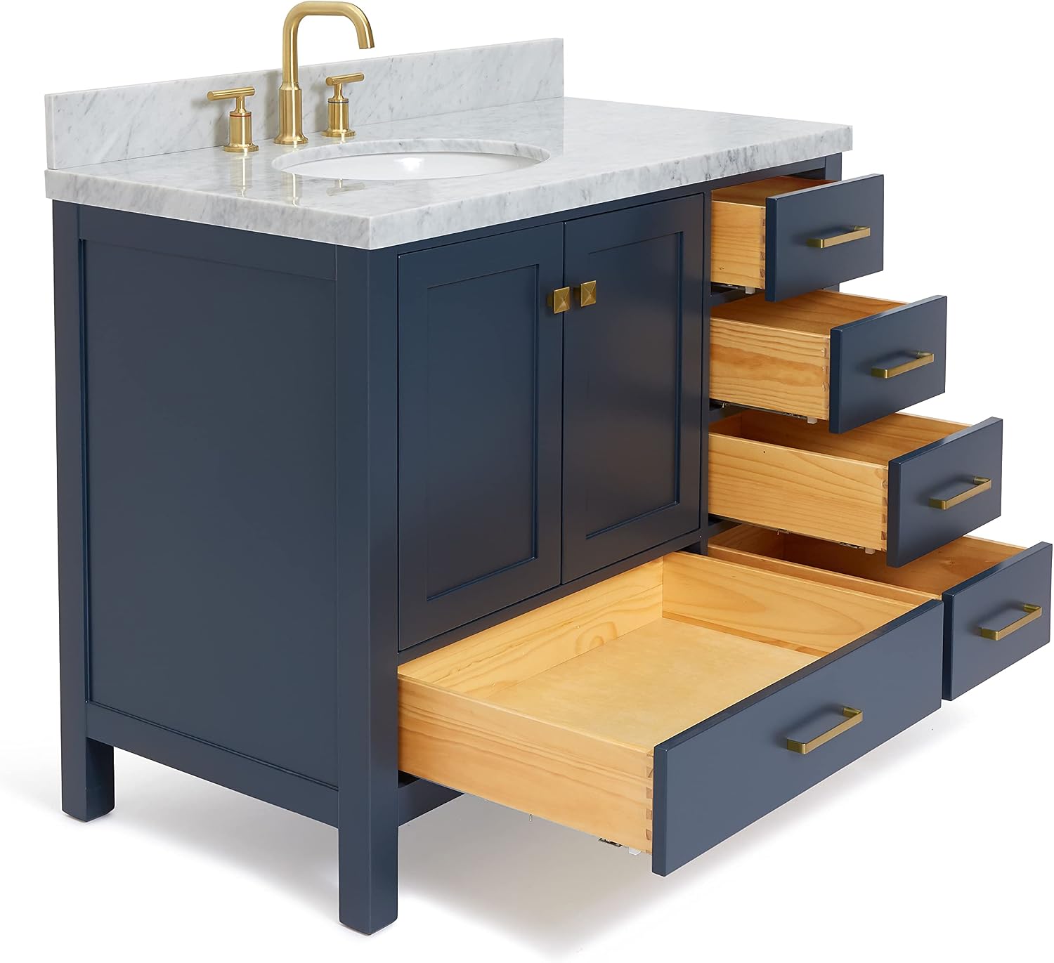 ARIEL Cambridge 42-inch Bathroom Vanity with Sink,Solid Wood, 1.5-inch Italian Carrara Marble Countertop, Single Oval Porcelain Sink, 2 Soft Closing Doors, 5 Dovetail Drawers, Midnight Blue