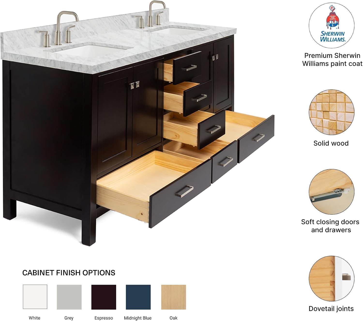 DKB Beckford 72 Inch Bathroom Vanity Double Sink — Espresso Bathroom Vanity with Sink, 1.5' Edge Italian Carrara Marble Countertop & Backsplash, 4 Soft-Close Doors, 6 Dovetail Drawers