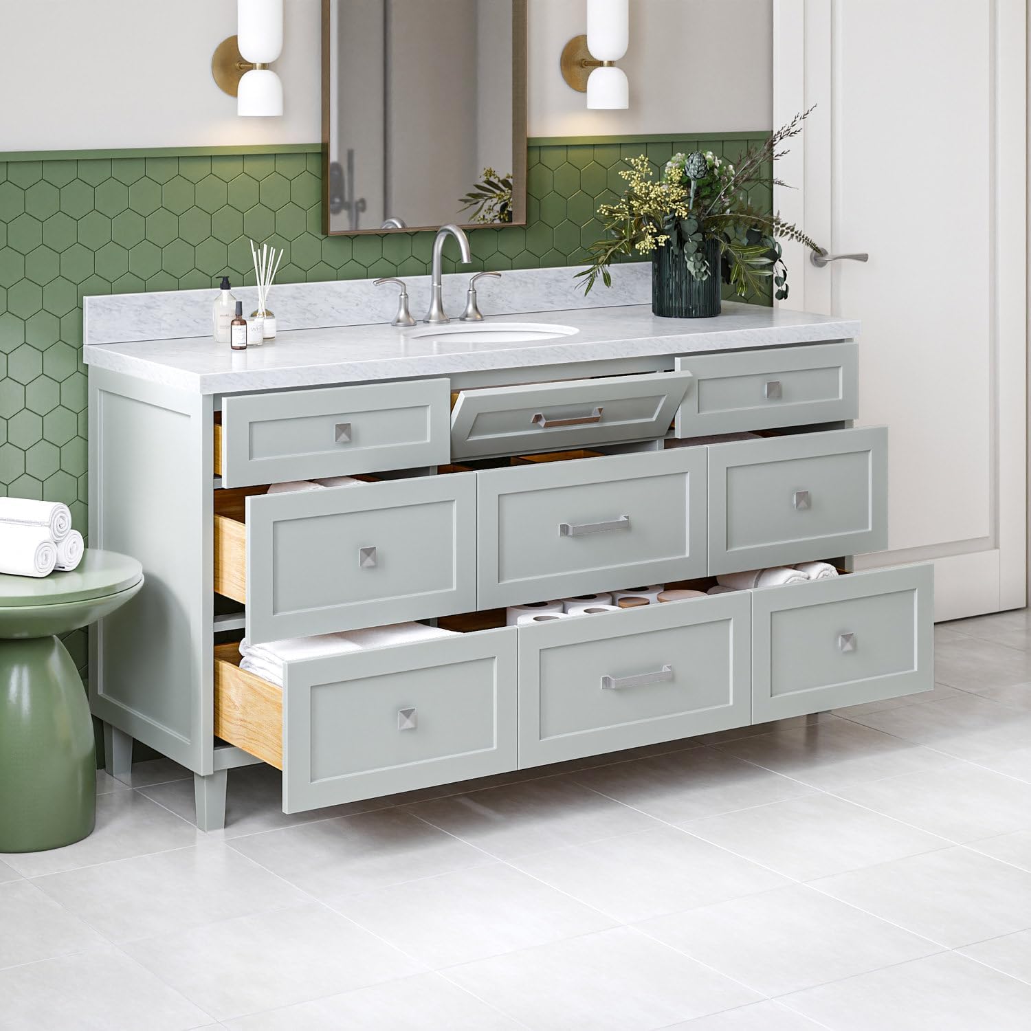 ARIEL Monroe 66-inch Bathroom Vanity with Sink,Solid Wood, 1.5-inch Italian Carrara Marble Countertop, Single Oval Porcelain Sink, Dovetail Drawers, Grey
