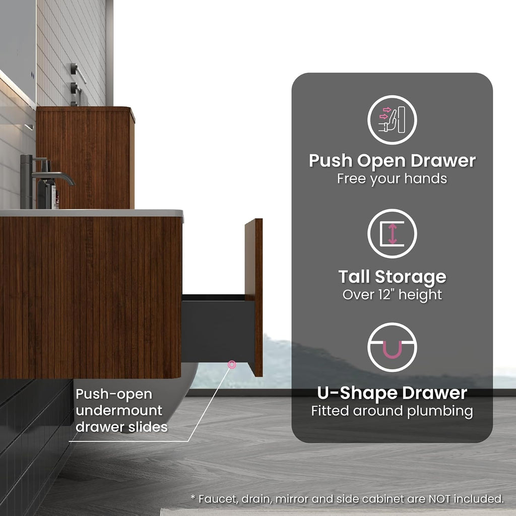24 Inch Bathroom Vanity with Sink, Modern Floating Vanity with Push Open Drawer, Large Storage for Small Space, Apartment, Hotel, Walnut, Fully Assembled - Camellia Collection
