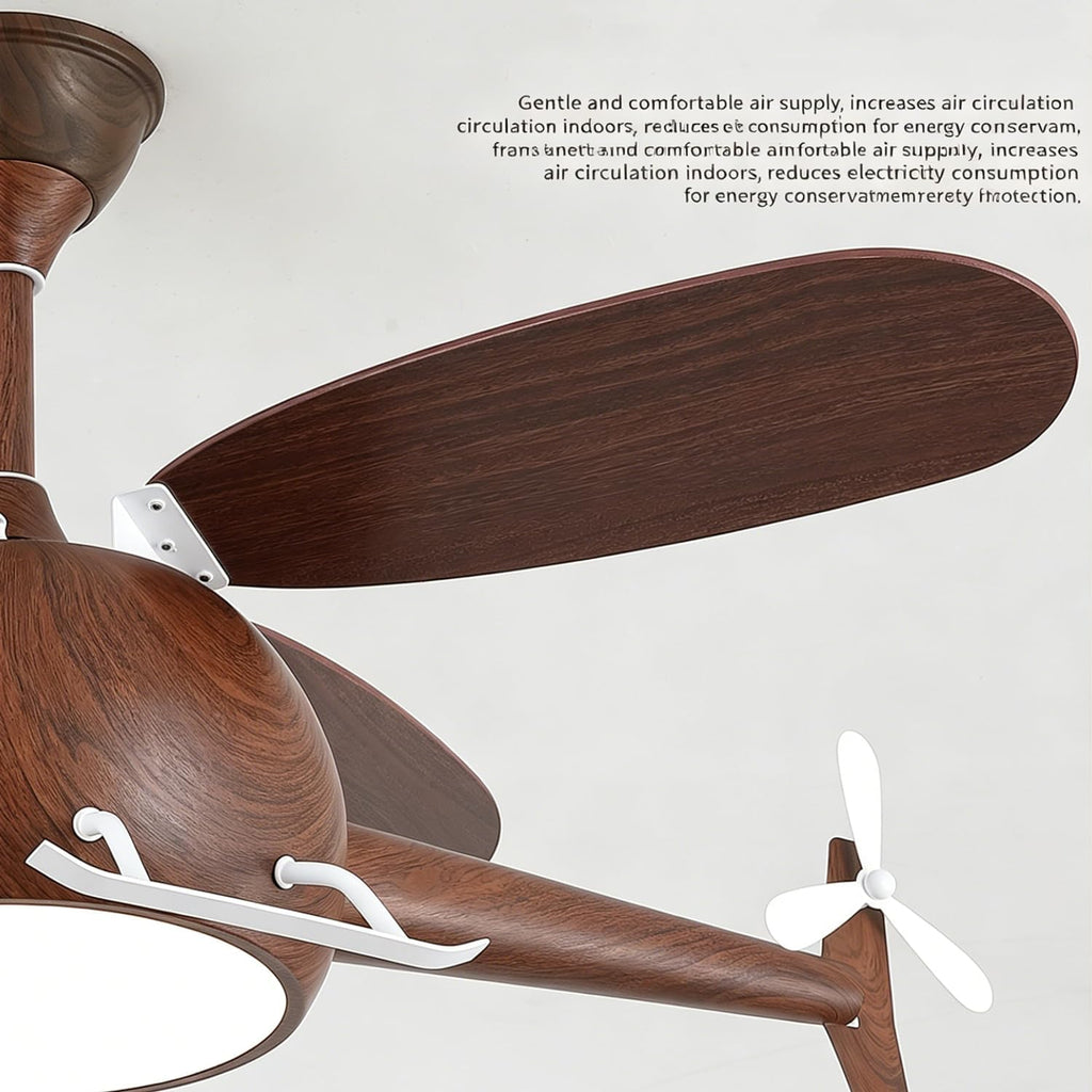 Children's Bedroom Ceiling Fan With Lights,Dimmable Kids Room Cartoon Ceiling Fan Lamp,Helicopter Model Wood Grain Airplane Pendant Light Decoration Fixtures,Remote Control Speed,Hydrographic Printing