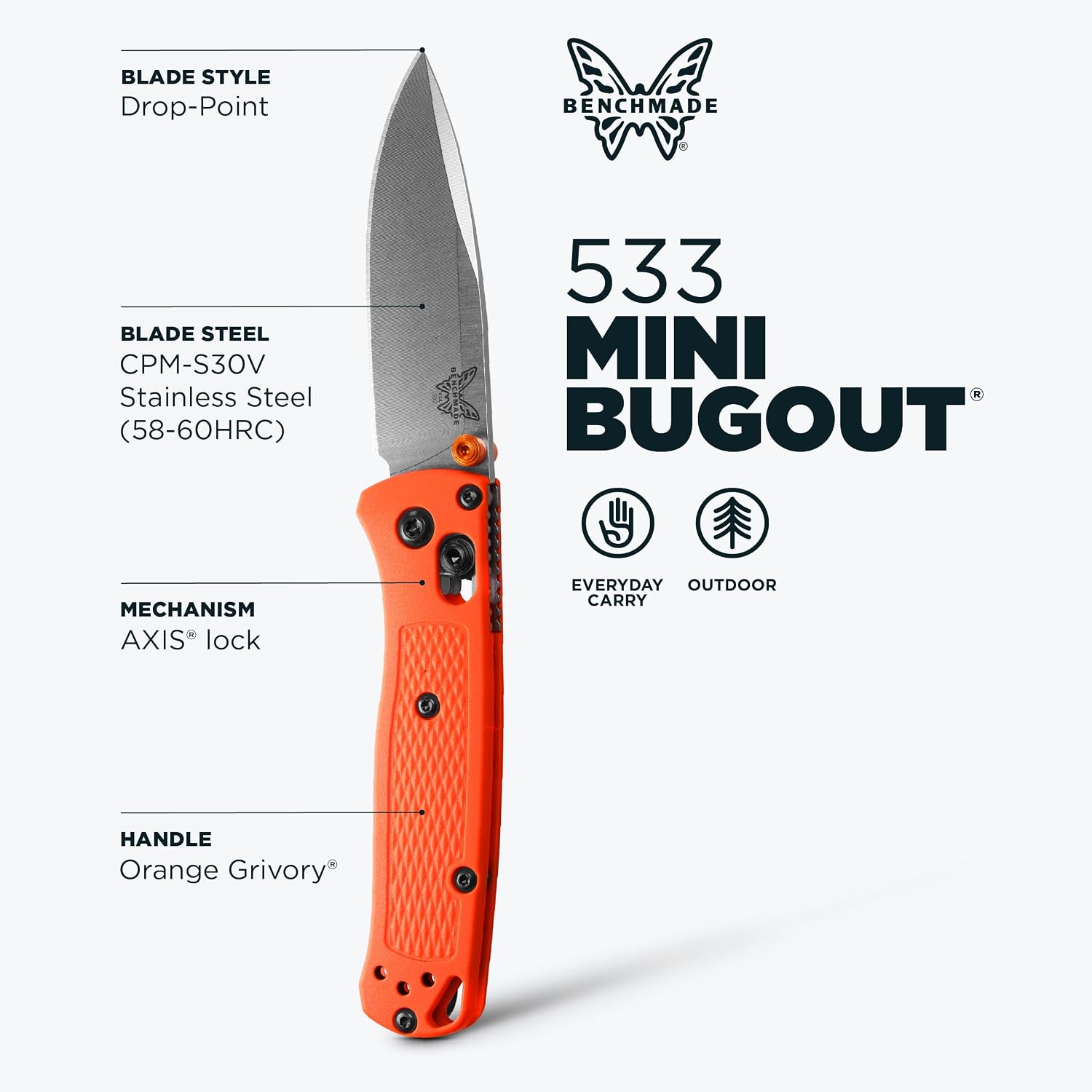 Benchmade - Mini Bugout, Outdoor, EDC Folding Knife, Drop-Point Blade with Orange Grivory Handle (533)