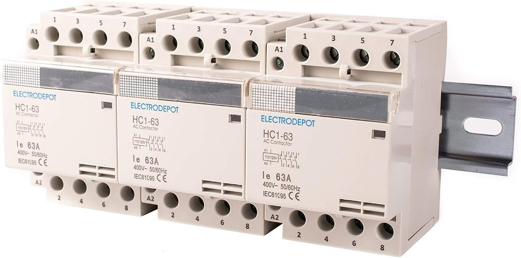 Electrodepot 40 Amp 12 Pole (4 Pole x 3) Normally Open, 110-120VAC Coil (Silent Operation), Motor Load 40A and Lighting Load 63A Contactor, with 8' DIN Rail and 2 Number 10 Screws