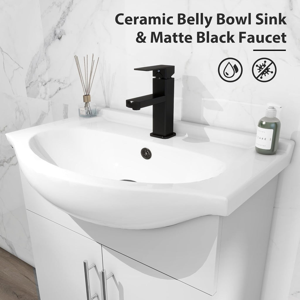 LUCKWIND 24 Inch White Laundry Sink Cabinet Set with Ceramic Belly Bowl Sink and Faucet - Bathroom Vanity Combo, Ceramic Utility Sink for Laundry, Utility Room, Bathroom, Kitchen