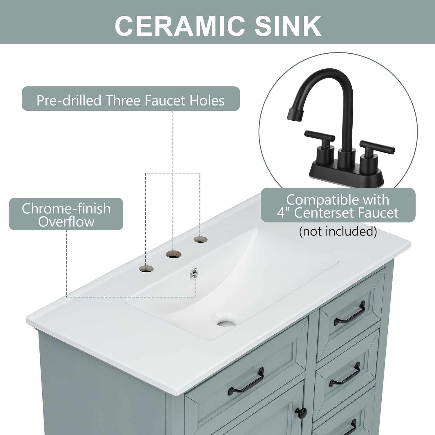 36' Bathroom Vanities with Ceramic Sink Set, Tip-Out Drawers, Storage Cabinet with Door Shelf, Soft-Closing Doors, Grey