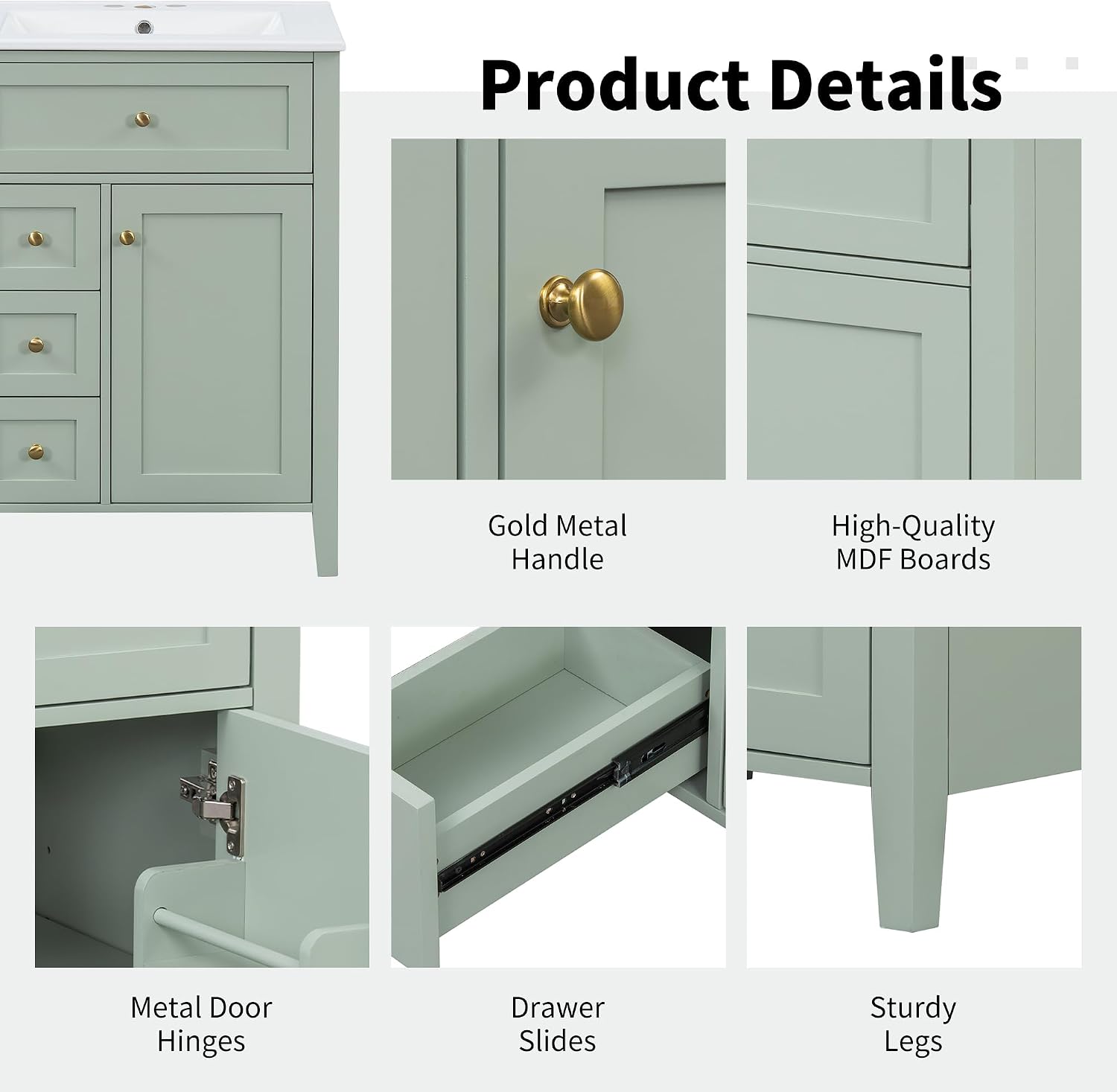 Harper & Bright Designs 24' Bathroom Vanity with Sink, Free Standing Vanity Set with 4 Drawers, Storage Racks, and Adjustable Shelf, Wood Bathroom Cabinet with Ceramic Basin for Bathroom, Green