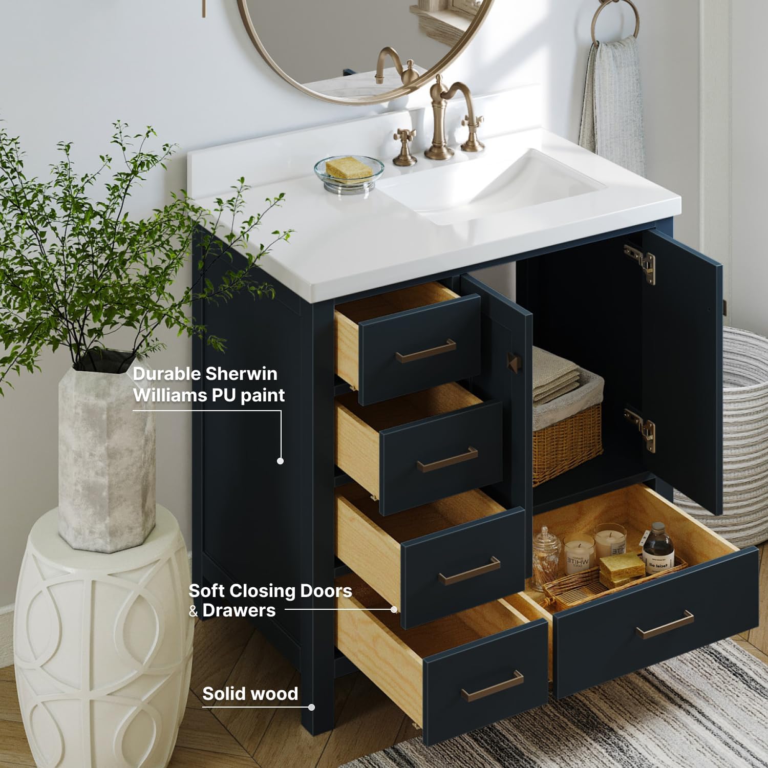 ARIEL Cambridge 36-inch Bathroom Vanity with Sink,Solid Wood, 1.5-inch Pure White Quartz Countertop, Single Rectangular Porcelain Sink, 2 Soft Closing Doors, 5 Dovetail Drawers, Midnight Blue