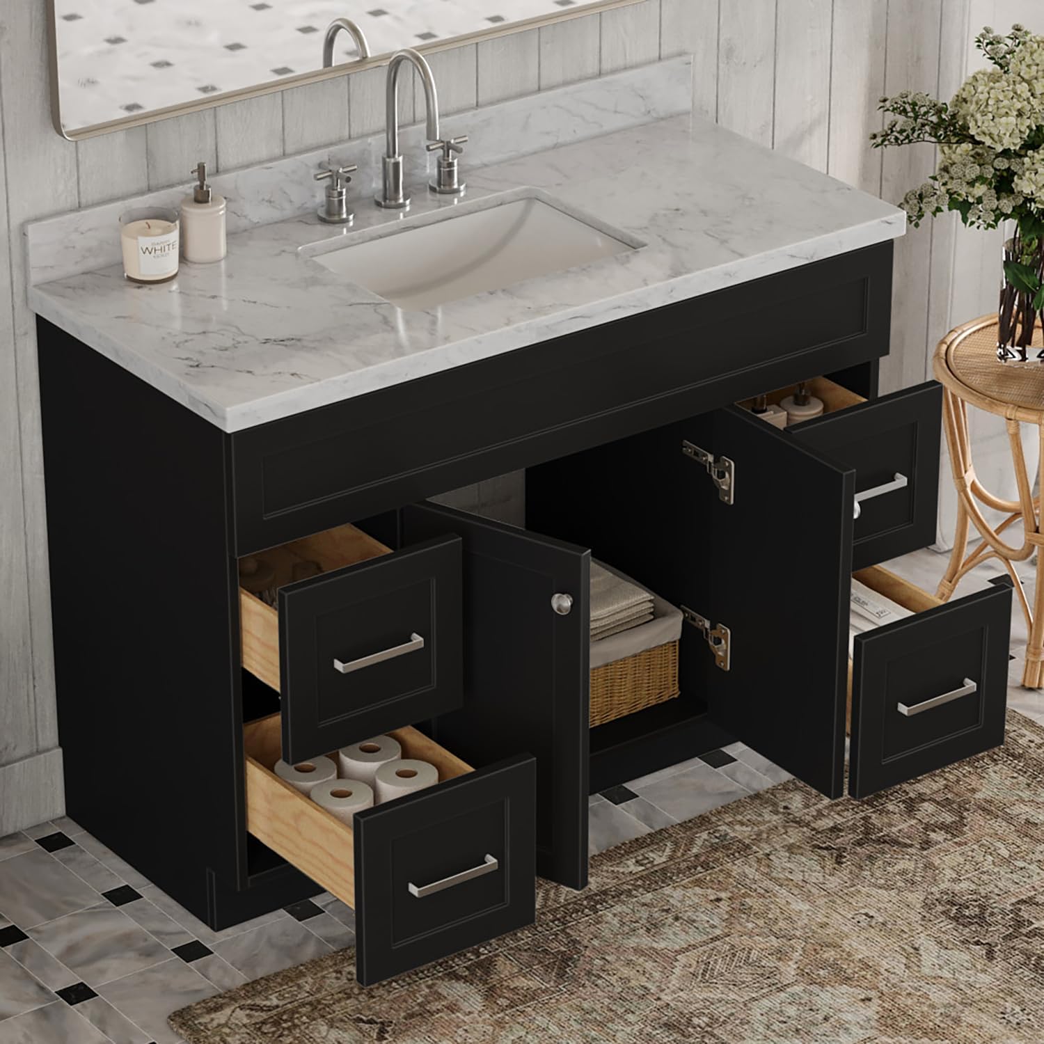 ARIEL Hamlet 48-inch Bathroom Vanity with Sink,Solid Wood, 1.5-inch Italian Carrara Marble Countertop, Single Rectangular Porcelain Sink, 2 Soft Closing Doors, 4 Dovetail Drawers, Black