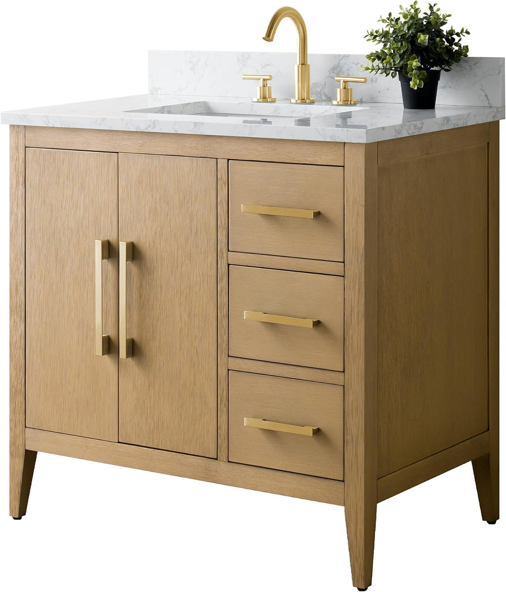 HOMEBEYOND 36 Inch Bathroom Vanities with Sink & Ceramic Top, Single Vanity Cabinet with Basin, Solid Wood Frame, Soft-Closing Doors & Golden Brushed Hardware, Natural Oak