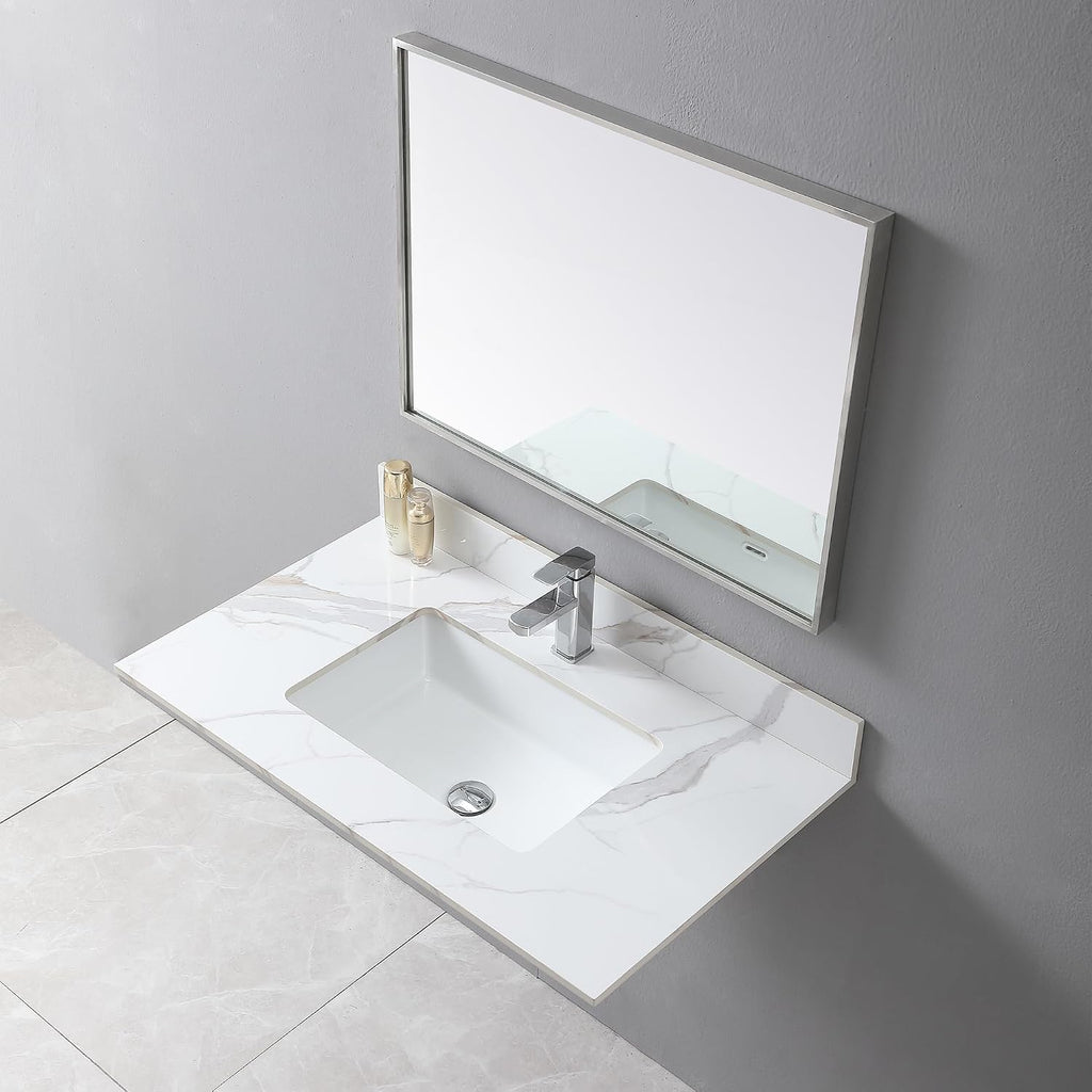 37 Inch Bathroom Vanity Top with Undermounted Large Ceramic Sink & Backsplash, Sintered Stone Artificial Marble Vanity Sink Tops with 1 hole, Carrara Gold