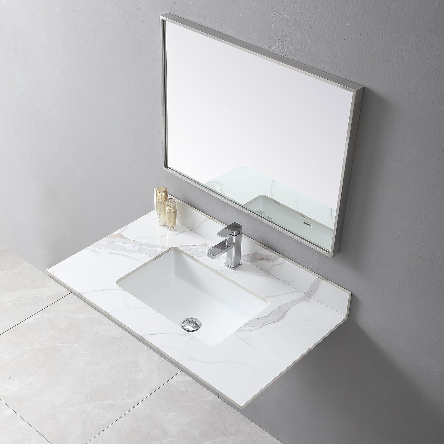 37 Inch Bathroom Vanity Top with Undermounted Large Ceramic Sink & Backsplash, Sintered Stone Artificial Marble Vanity Sink Tops with 1 hole, Carrara Gold