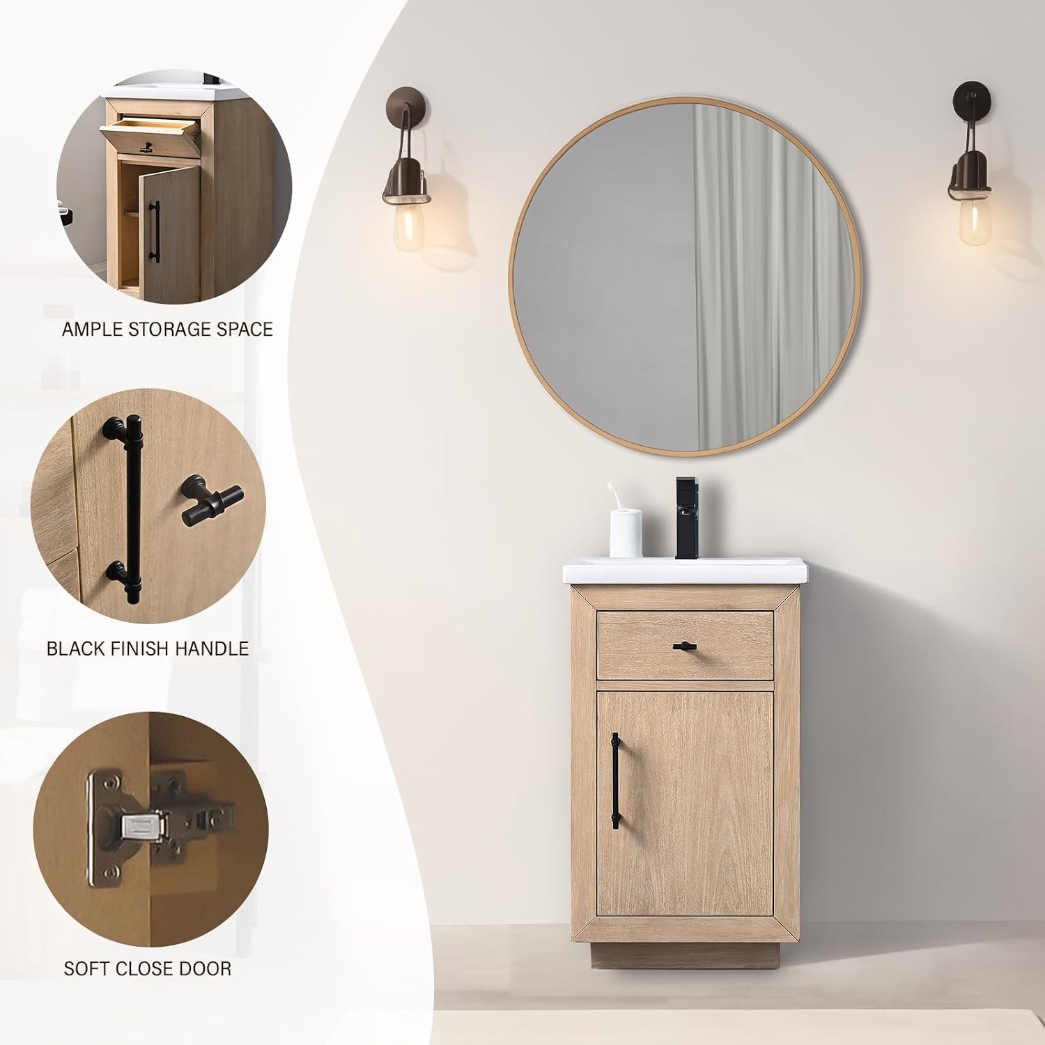 HOMEBEYOND 20 Inch Bathroom Vanity with Single Sink & Ceramic Top, MDF Material Vanity Cabinet with Basin Combo, Soft-Closing Doors, Removable Shelf, Backsplash