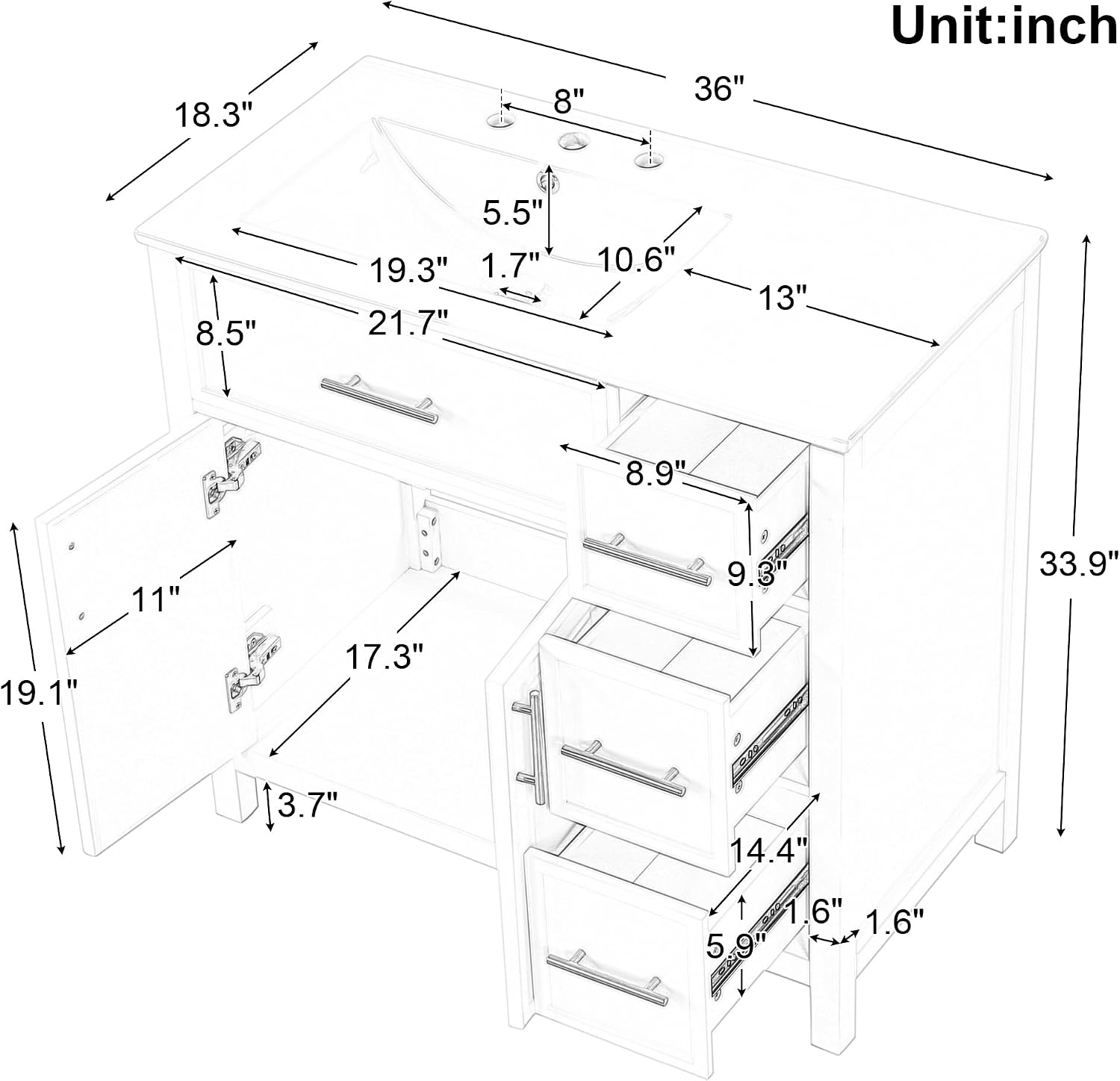 LUMISOL 36' Bathroom Vanity with Offset Sink, Freestanding Bathroom Sink Cabinet with 3 Drawers & 2 Doors, Solid Wood Bathroom Vanity with Offset Ceramic Sink, White