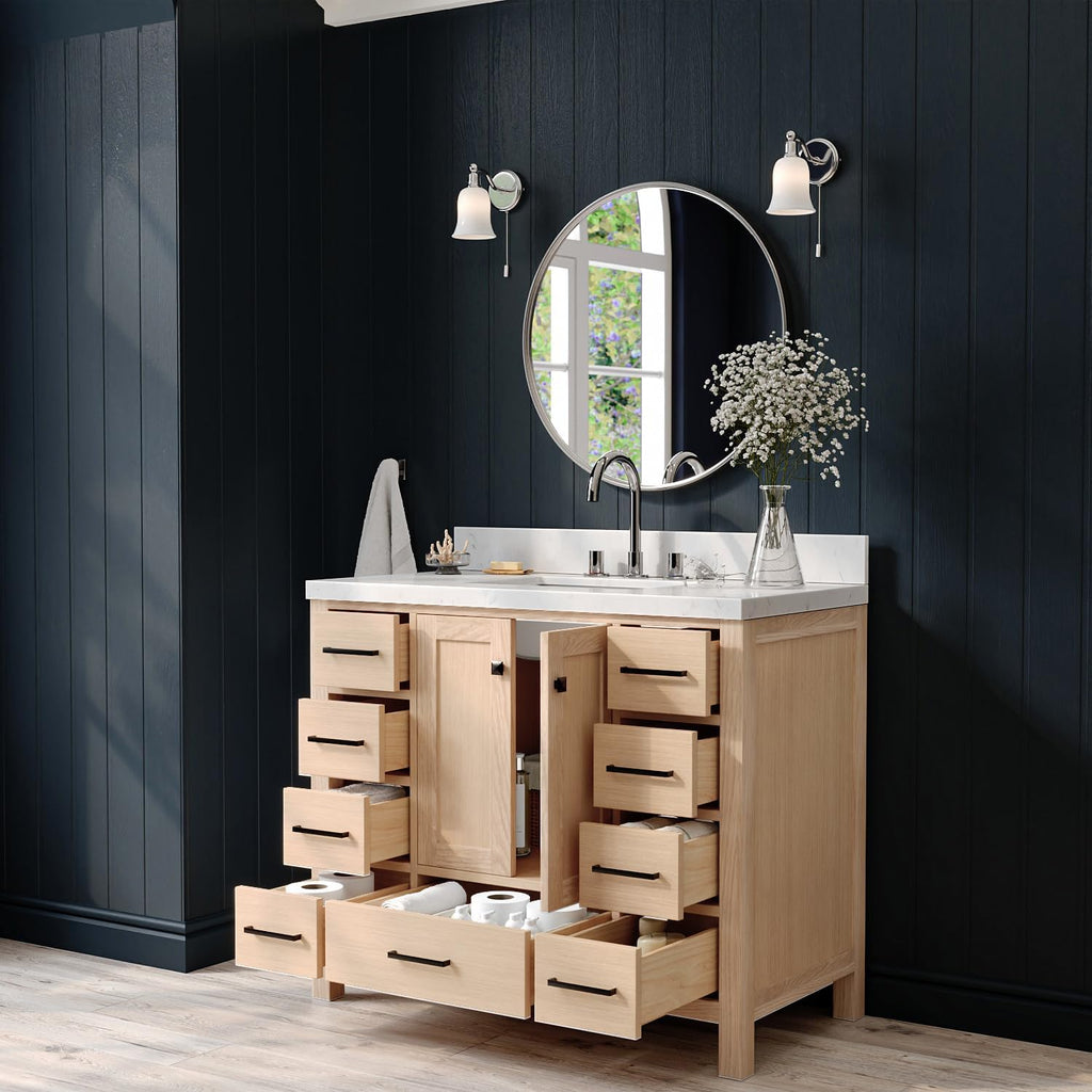 ARIEL Cambridge 42-inch Bathroom Vanity with Sink,Solid Wood, 1.5-inch Carrara White Quartz Countertop, Single Rectangular Porcelain Sink, 2 Soft Closing Doors, 9 Dovetail Drawers, White Oak