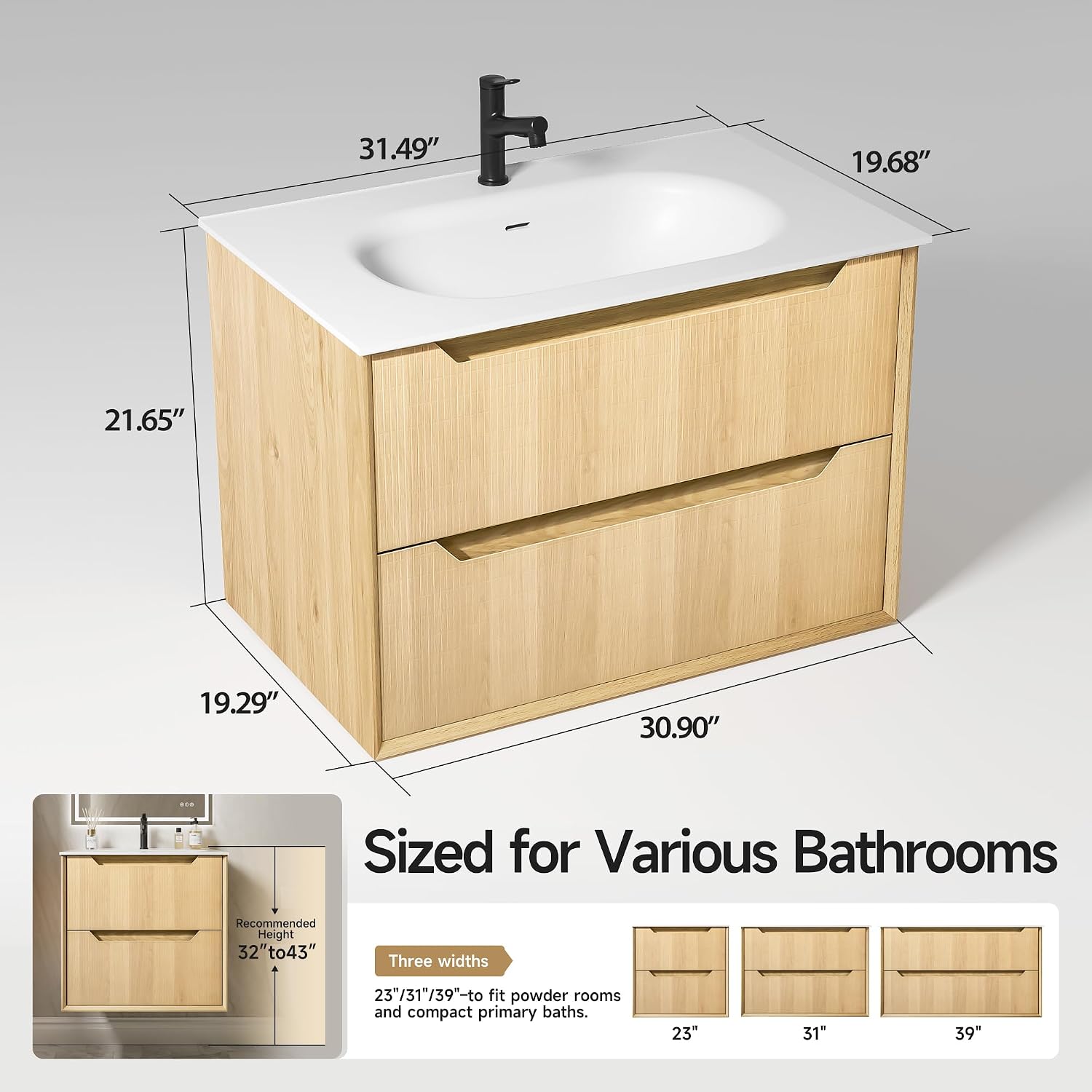 32' Japandi Floating Bathroom Vanity with Sink, Pre-Assembled Natural Oak Multi-Layer Solid Wood Bathroom Sink Vanity, Wall Mounted with Integrated Stone Top and 2 Soft Close Drawers