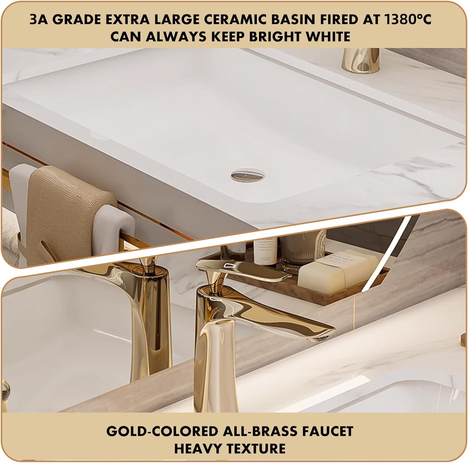 56 Inch Luxury Bathroom Vanity, Floating Bathroom Vanity with Sink and LED Round Smart Defogger Mirror, Multilayer solid wood Spacious Storage Drawer Include Faucet and Drain Fittings,Double Sink