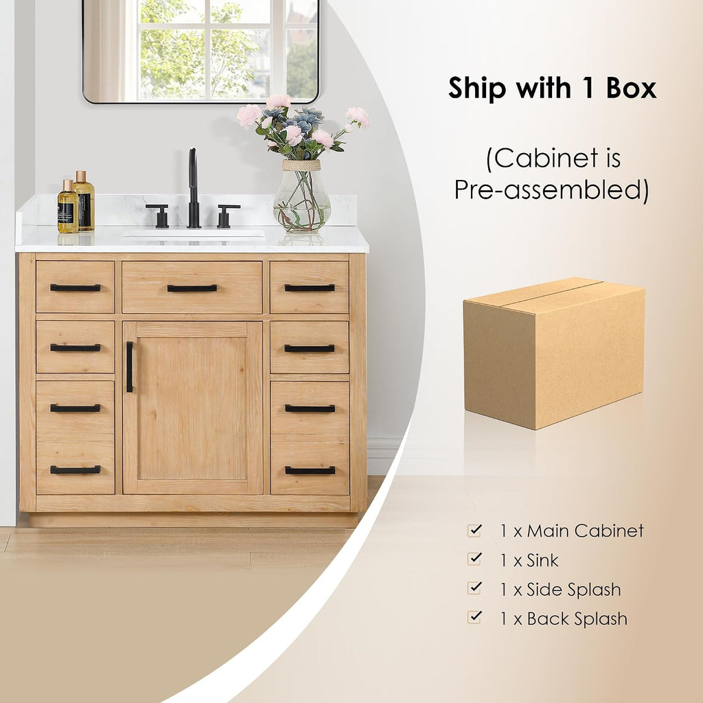 ALTAIR 42 Bathroom Vanity with Top and Sink Mordern Pedestal Single Vanities Light Brown Large Storge Cabinet with Ceramic Countertop Sidesplash and Backsplash Included Pre-Assembled